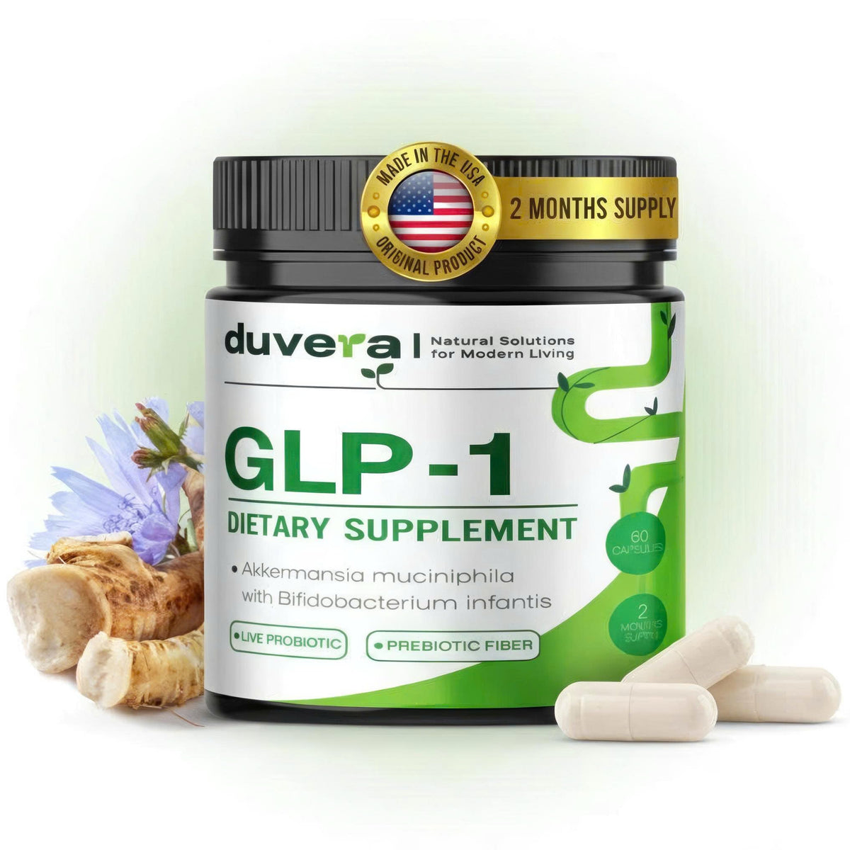 Duvera Akkermansia Probiotique GLP-1 capsules: soutien potentiel de la satiété et de l'équilibre intestinal.