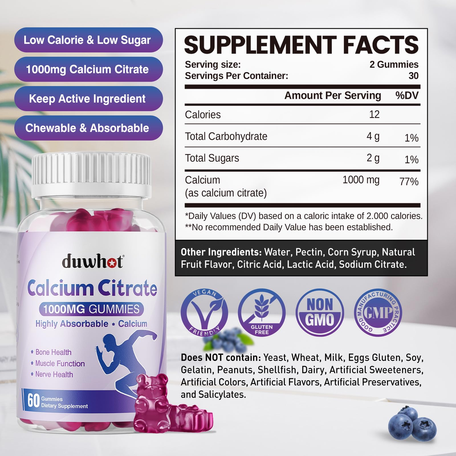 Duwhot calcium citrate gommes, gout mytille, prise facile pour une routine sante.