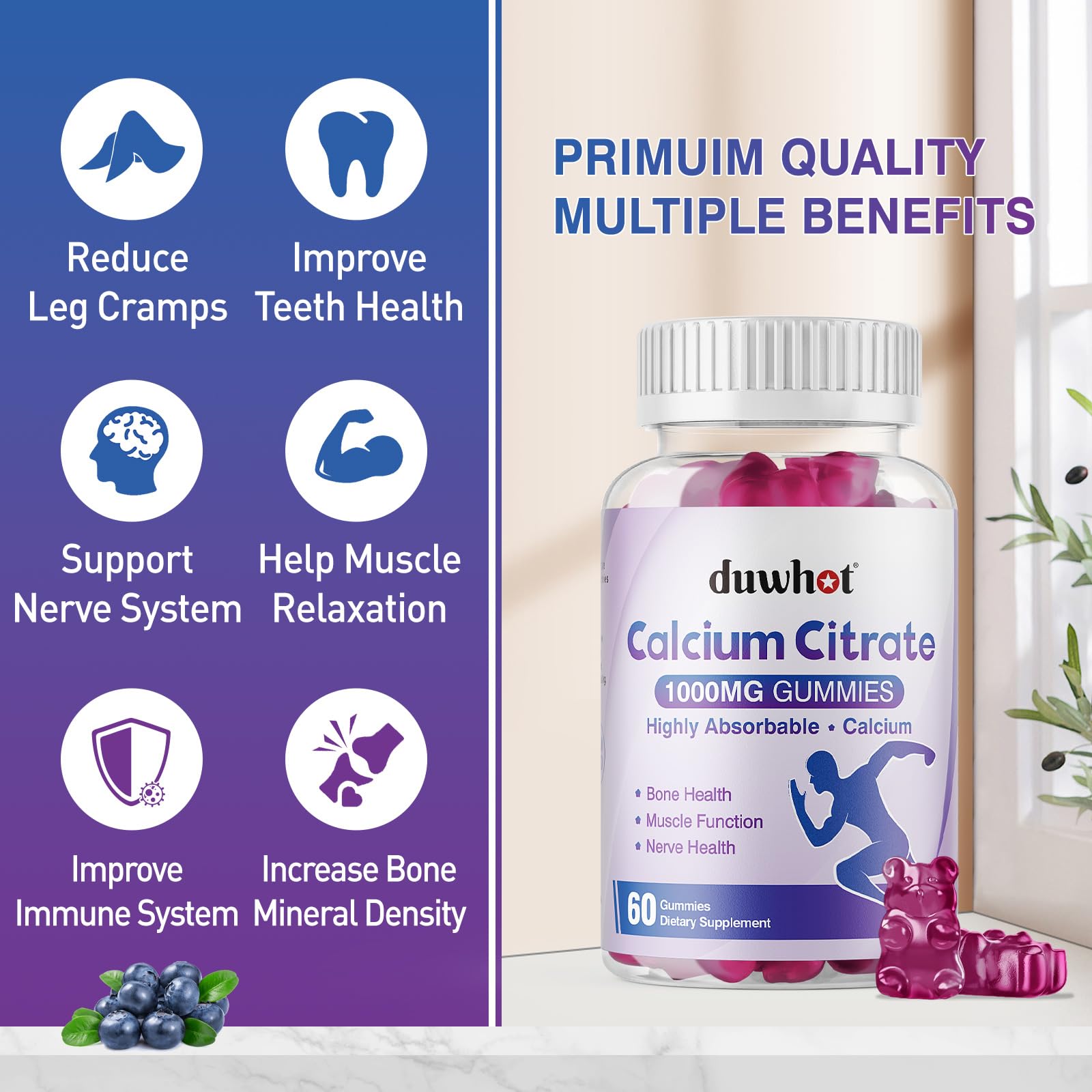 Duwhot calcium citrate gommes, ingredients vegan et sans OGM.