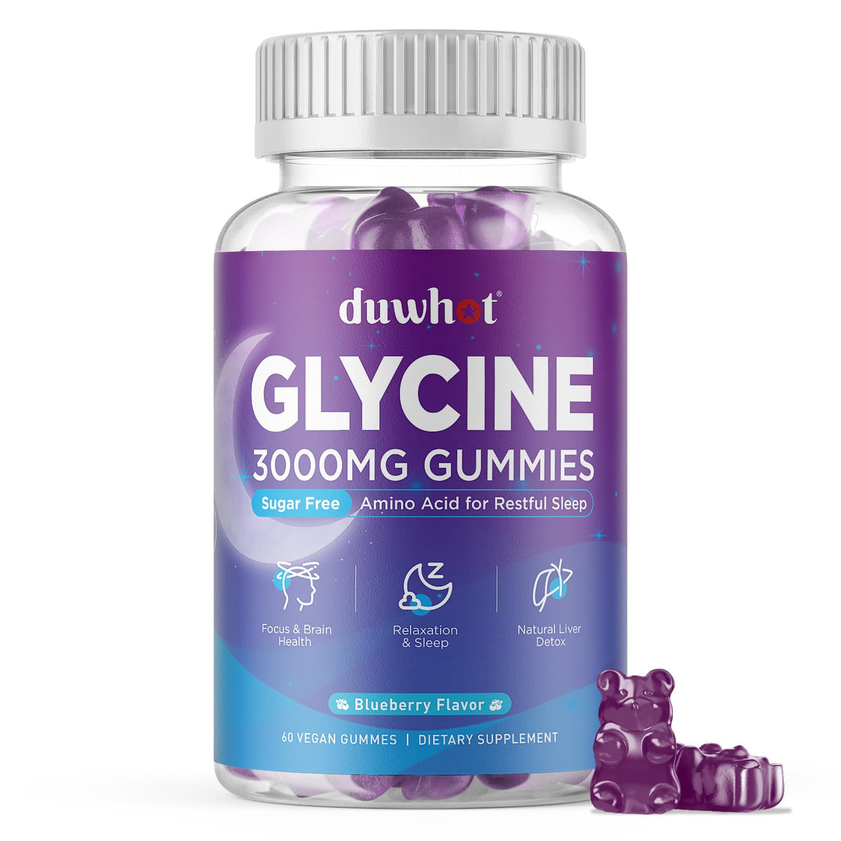 duwhot Glycine Gummies : bouteille, soutien à la détente et au sommeil de qualité.