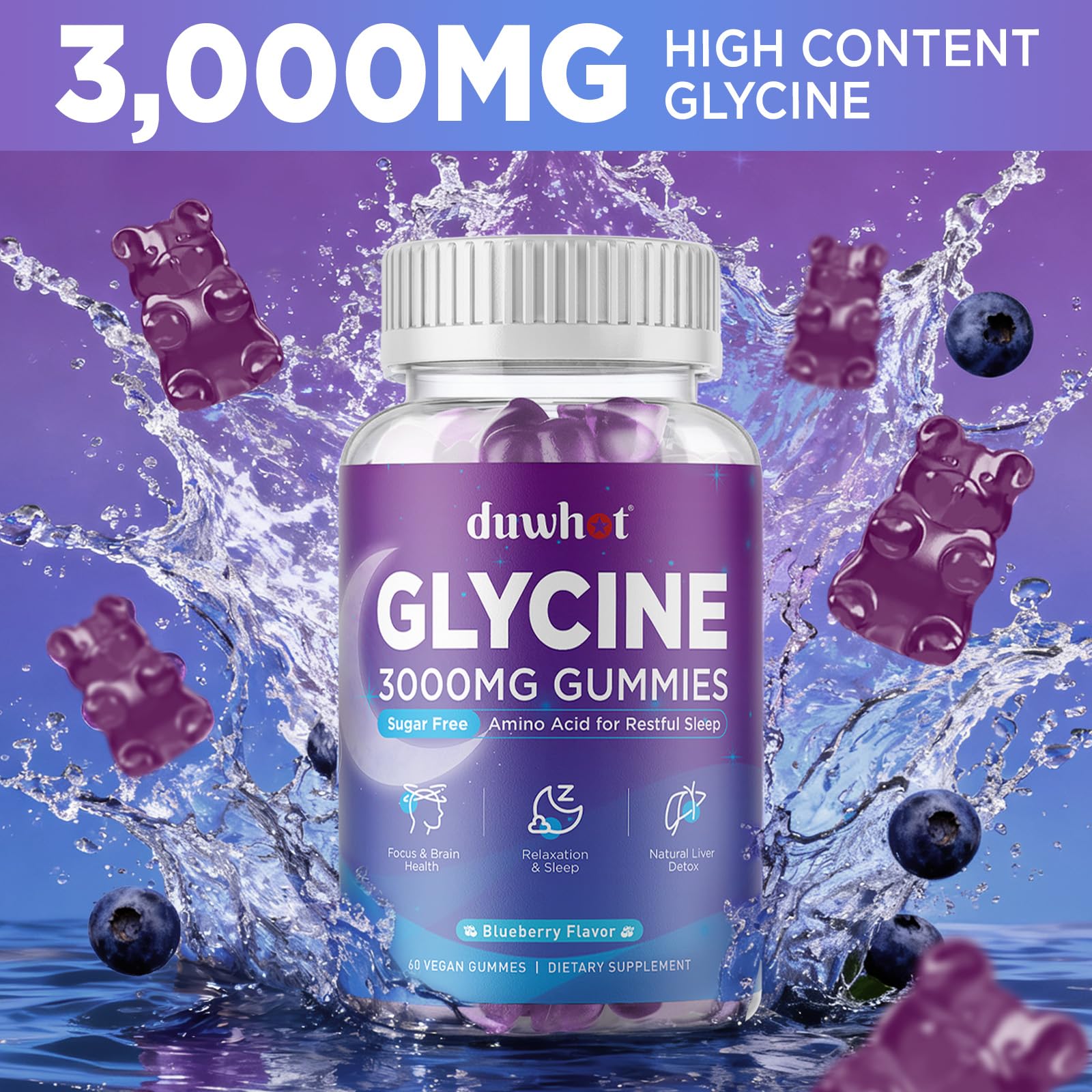 duwhot Glycine Gummies : close-up saveur myrtille naturelle pour une pause gourmande.
