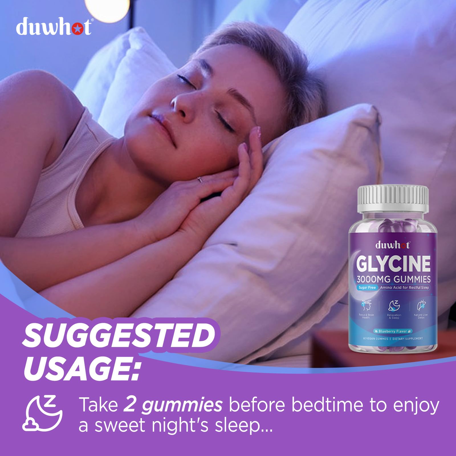 duwhot Glycine Gummies : logo vegan, purifiés sans produits animaux.