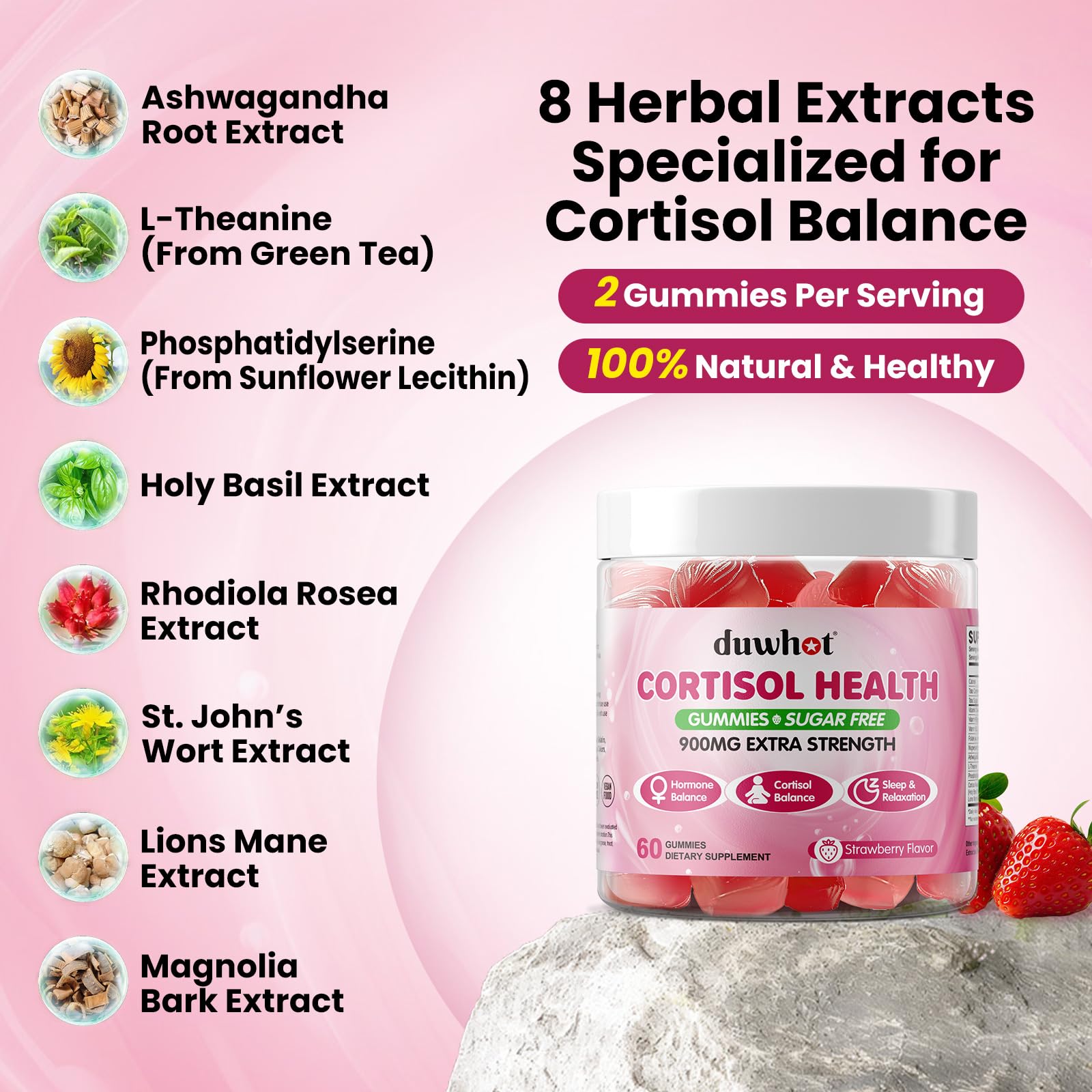 Gomme duwhot Cortisol – emballage verso avec conseils d'utilisation et valeurs nutritionnelles.