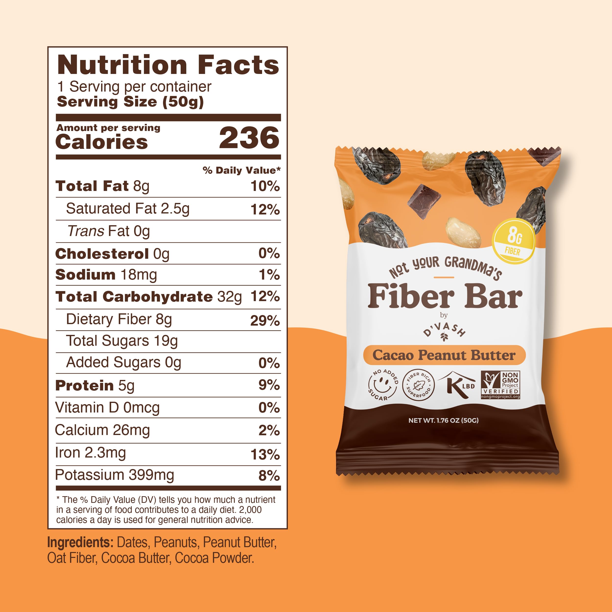 Barre fibre D’Vash pecan cacao, texture croquante et énergie pratique.