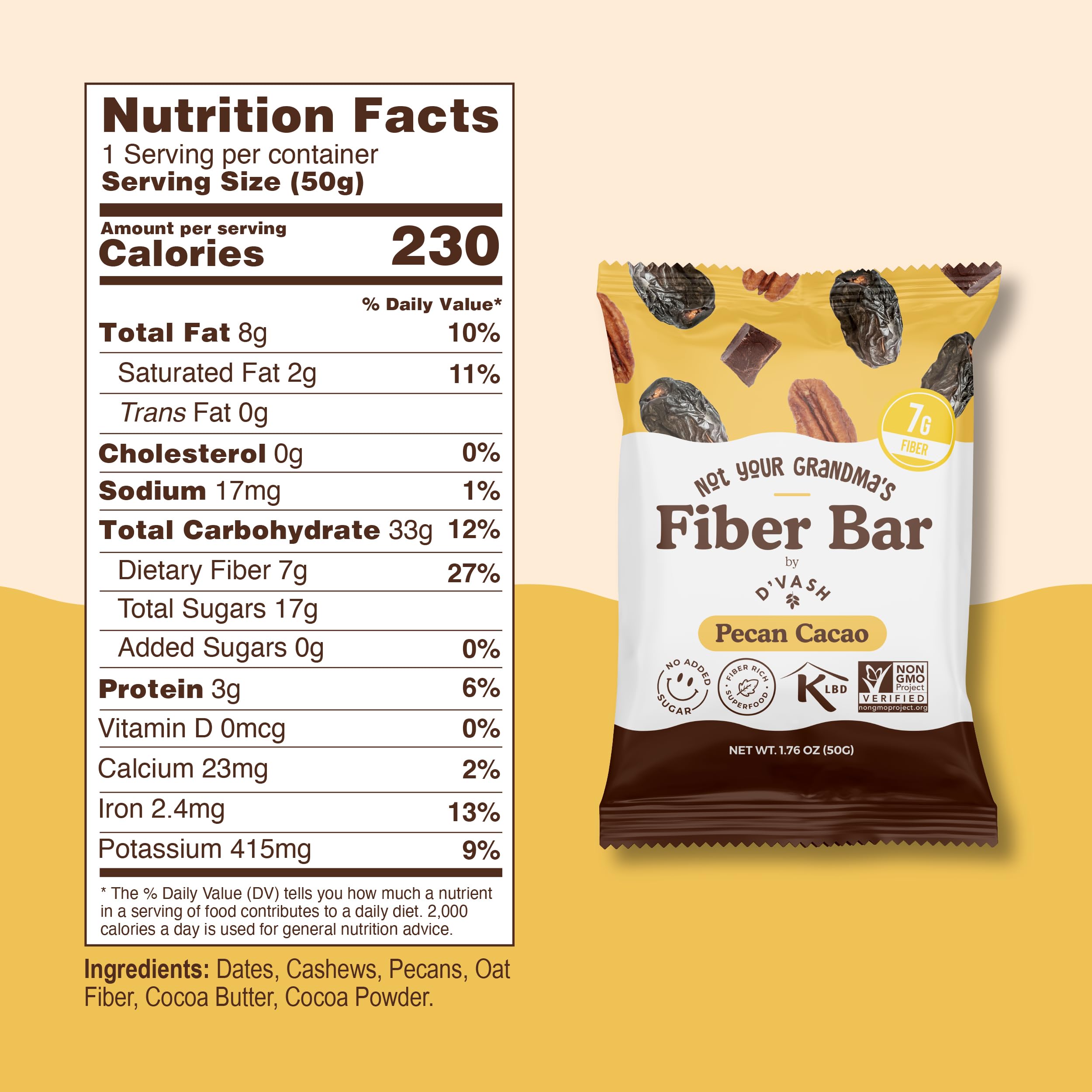 Barres fibre D’Vash Noix de pecan cacao, saveur riche et croquant
