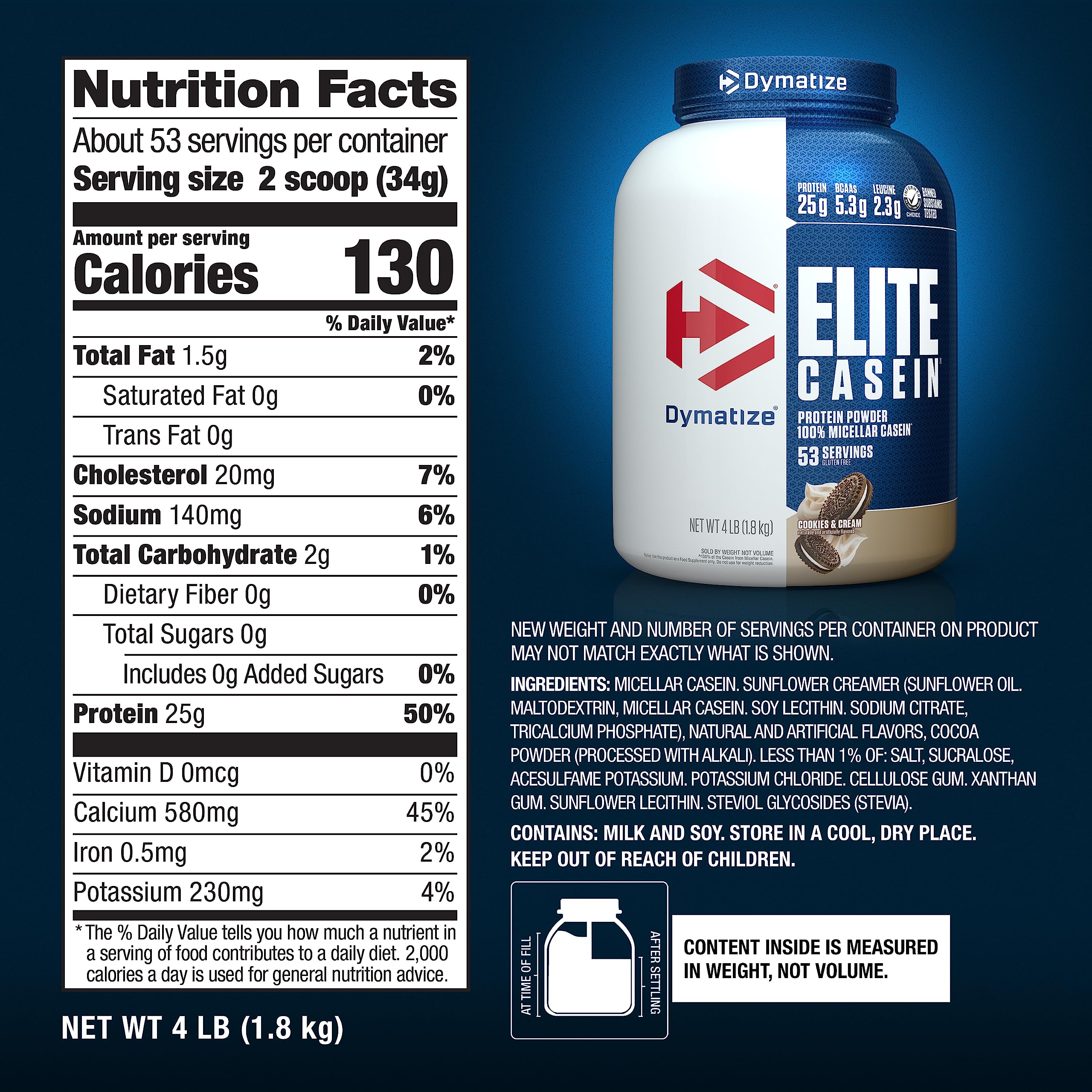 Boîte Dymatize Elite Casein Cookies & Cream 4 lb, 53 portions pratiques