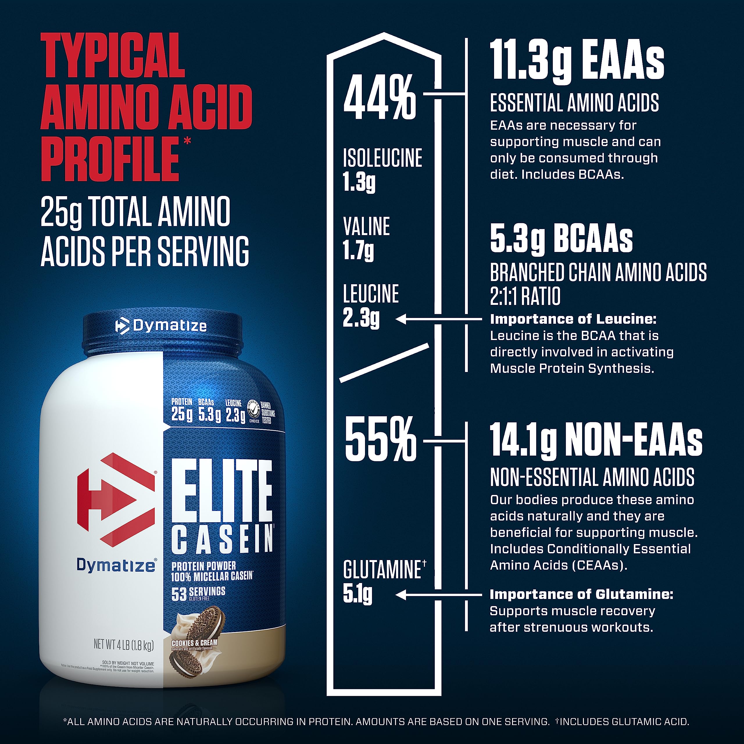 Poudre Dymatize Elite Casein Cookies & Cream, dosage précis et libération lente des acides aminés