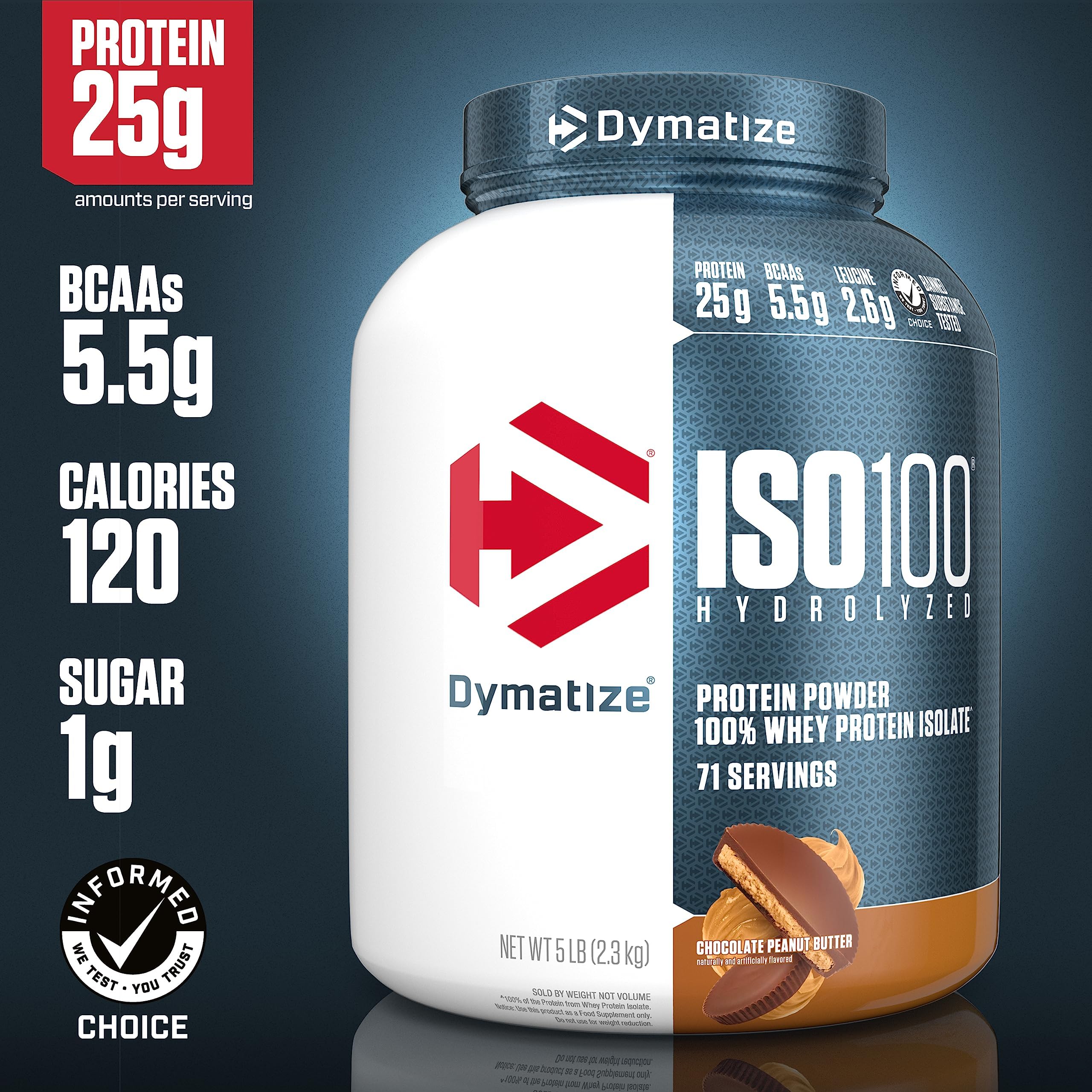Dymatize ISO100, bouteille doseuse chocolat cacahuète.