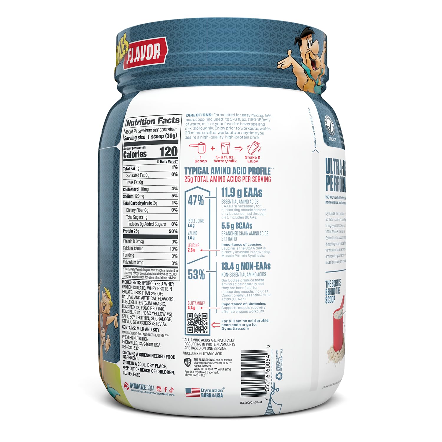 Tableau nutritionnel ISO100 Fruity Pebbles détaillant protéines et calories