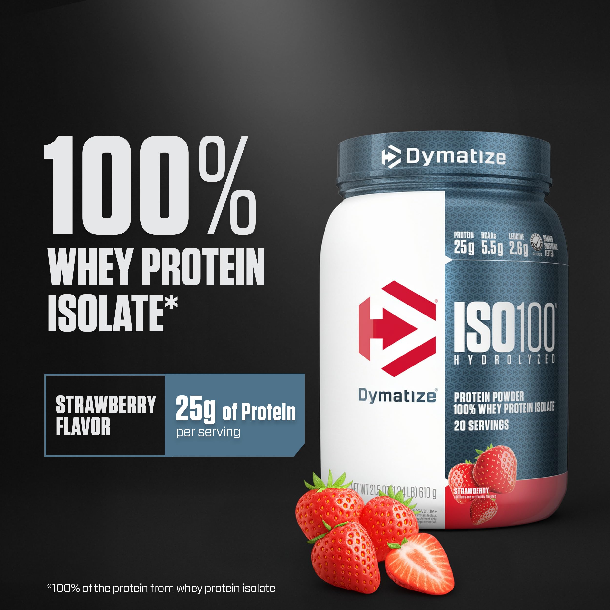 Dymatize ISO100 verre shake protéine fraise, goût agréable et absorption rapide.