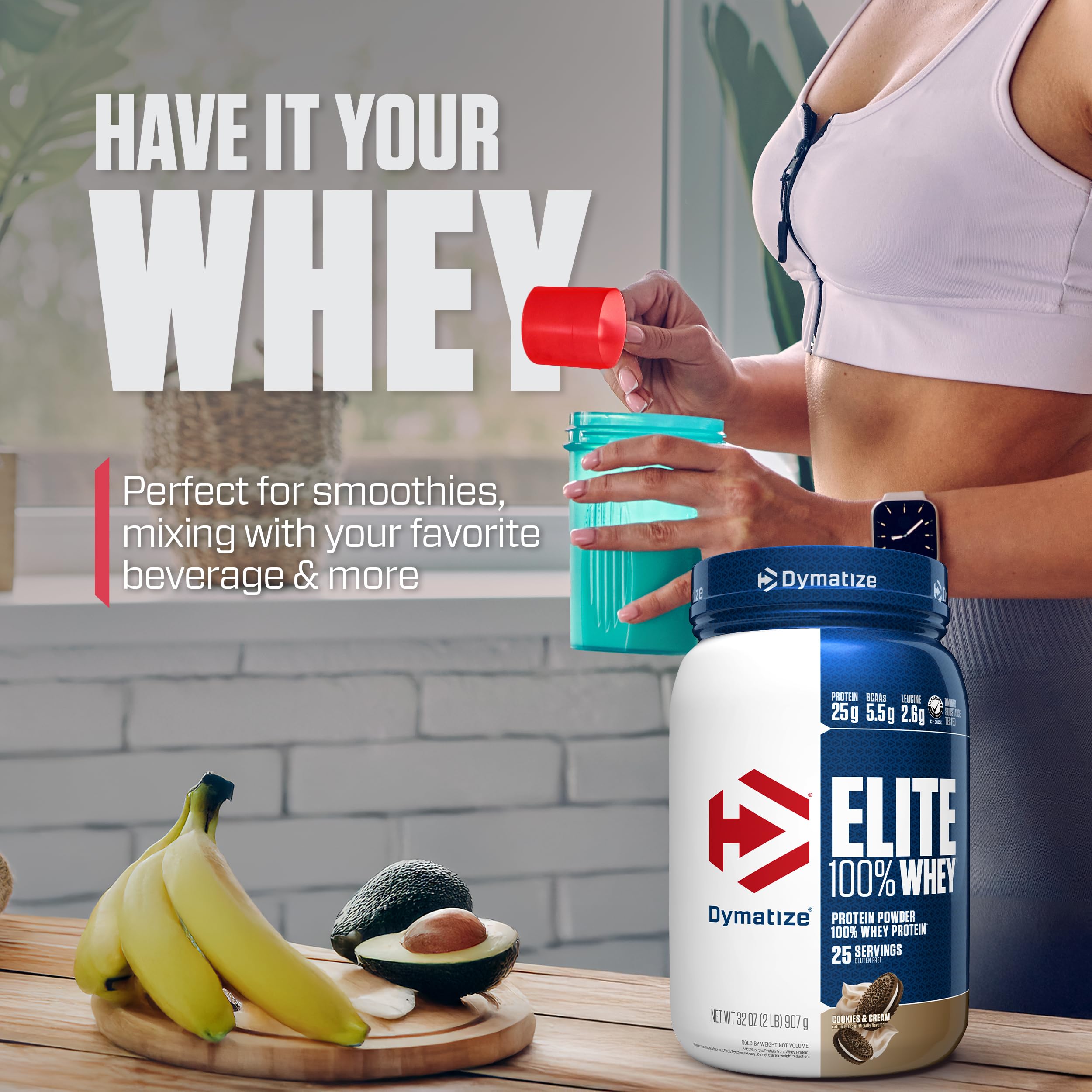 Flacon et poudre Dymatize Elite 100% Whey Cookies et Creme, démontrant le format