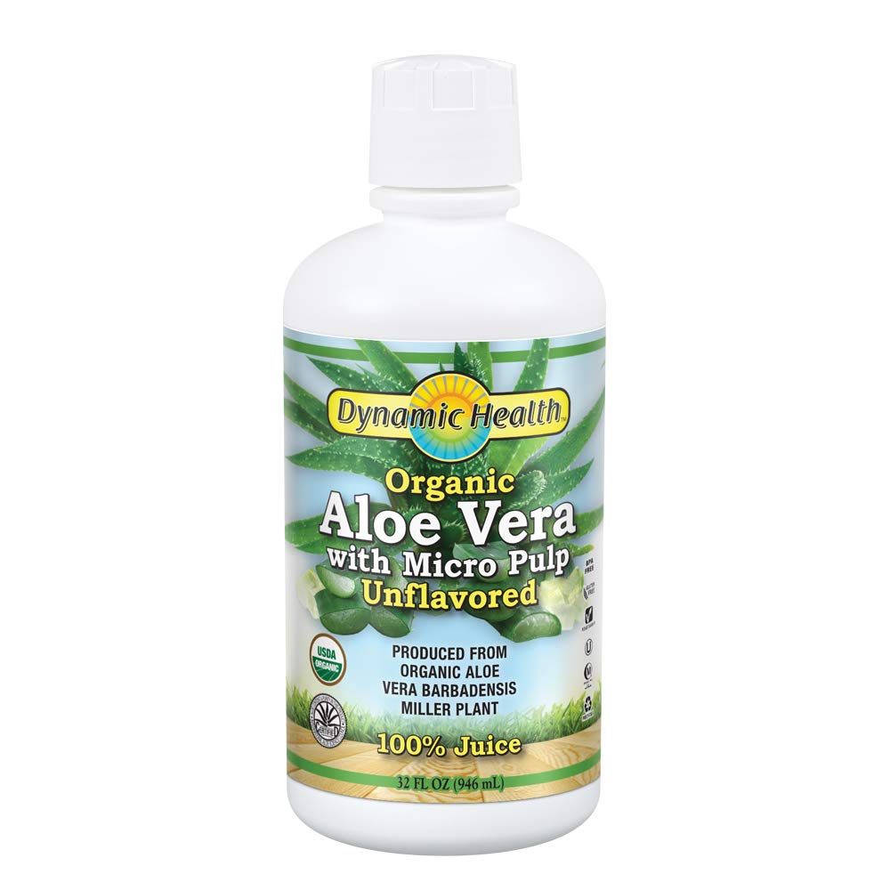 Dynamic Health Aloe Vera Bio, jus naturel, servi sur glace pour rafraîchir.