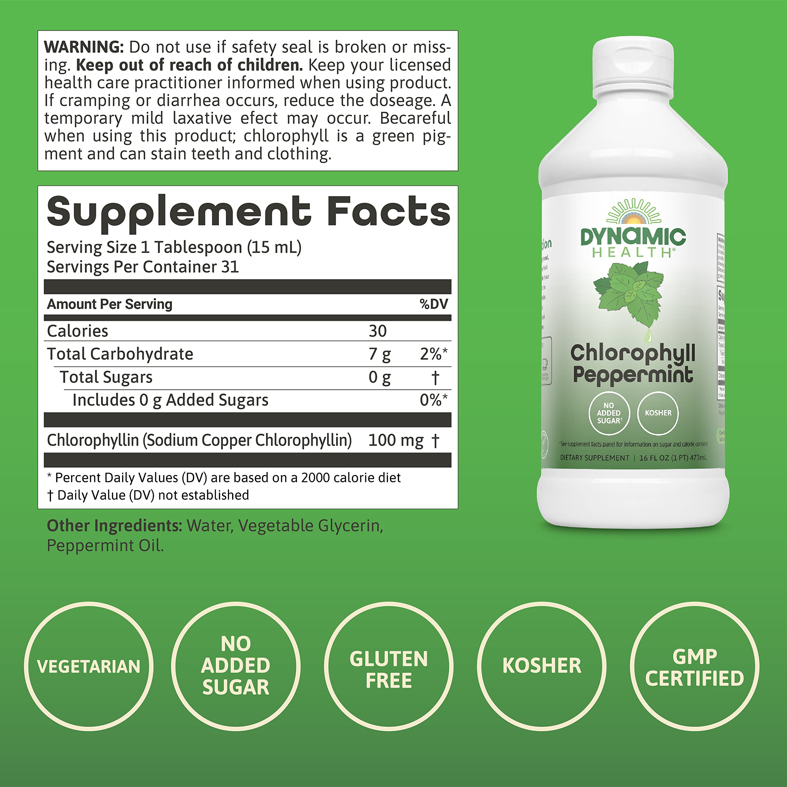 Dynamic Health Chlorophylle Menthe Poivrée, bouteille ouverte montrant le produit pur.