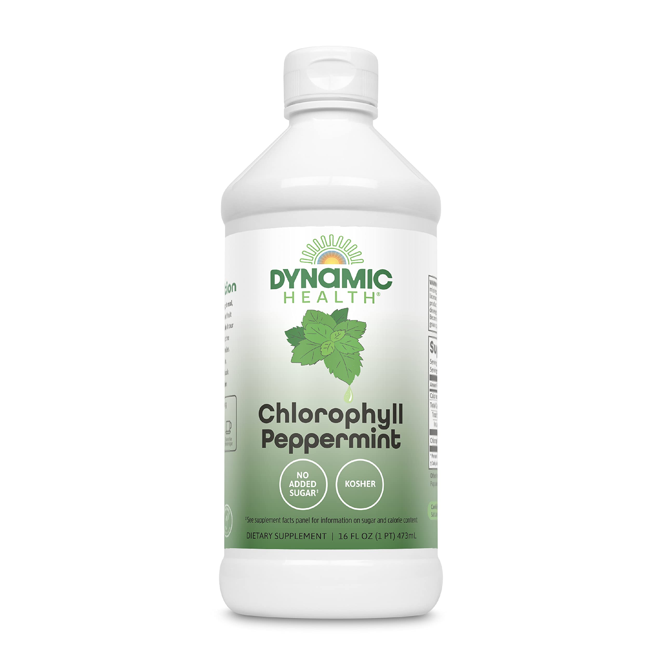 Dynamic Health Chlorophylle Menthe Poivrée, bouteille verte prête à l’emploi, goût frais.