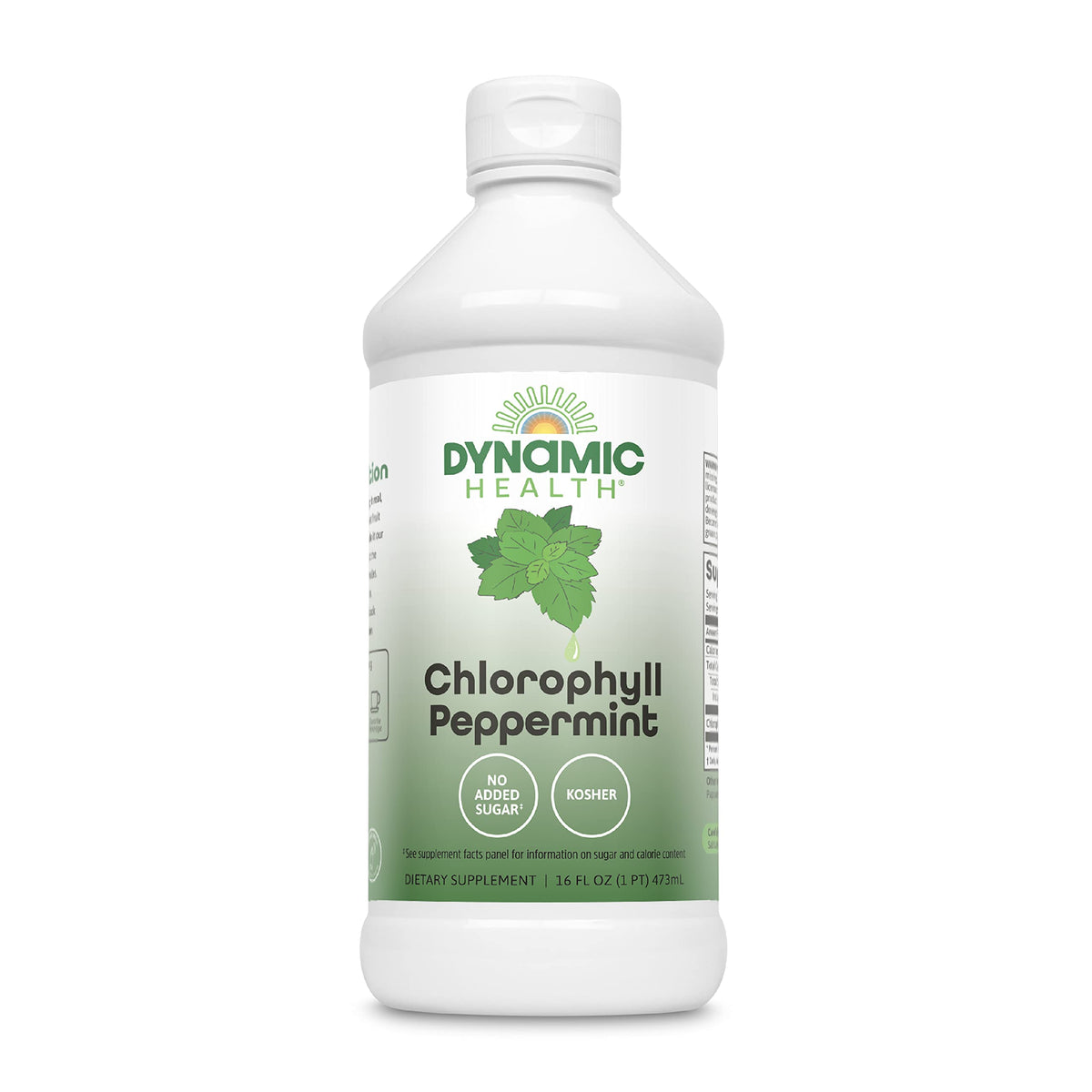 Dynamic Health Chlorophylle Menthe Poivrée, bouteille verte prête à l’emploi, goût frais.