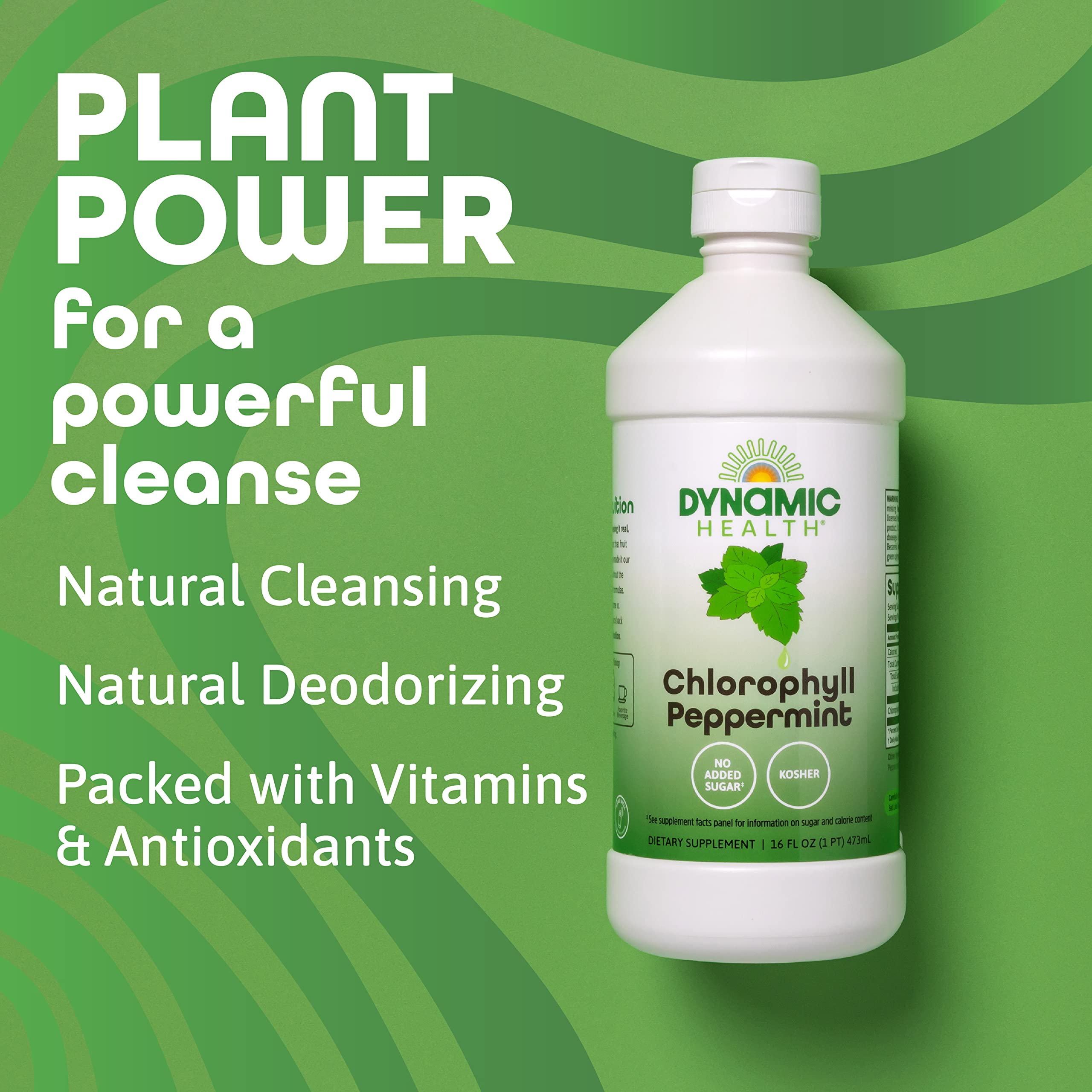 Dynamic Health Chlorophylle Menthe Poivrée dans un verre, mélange prêt à boire.