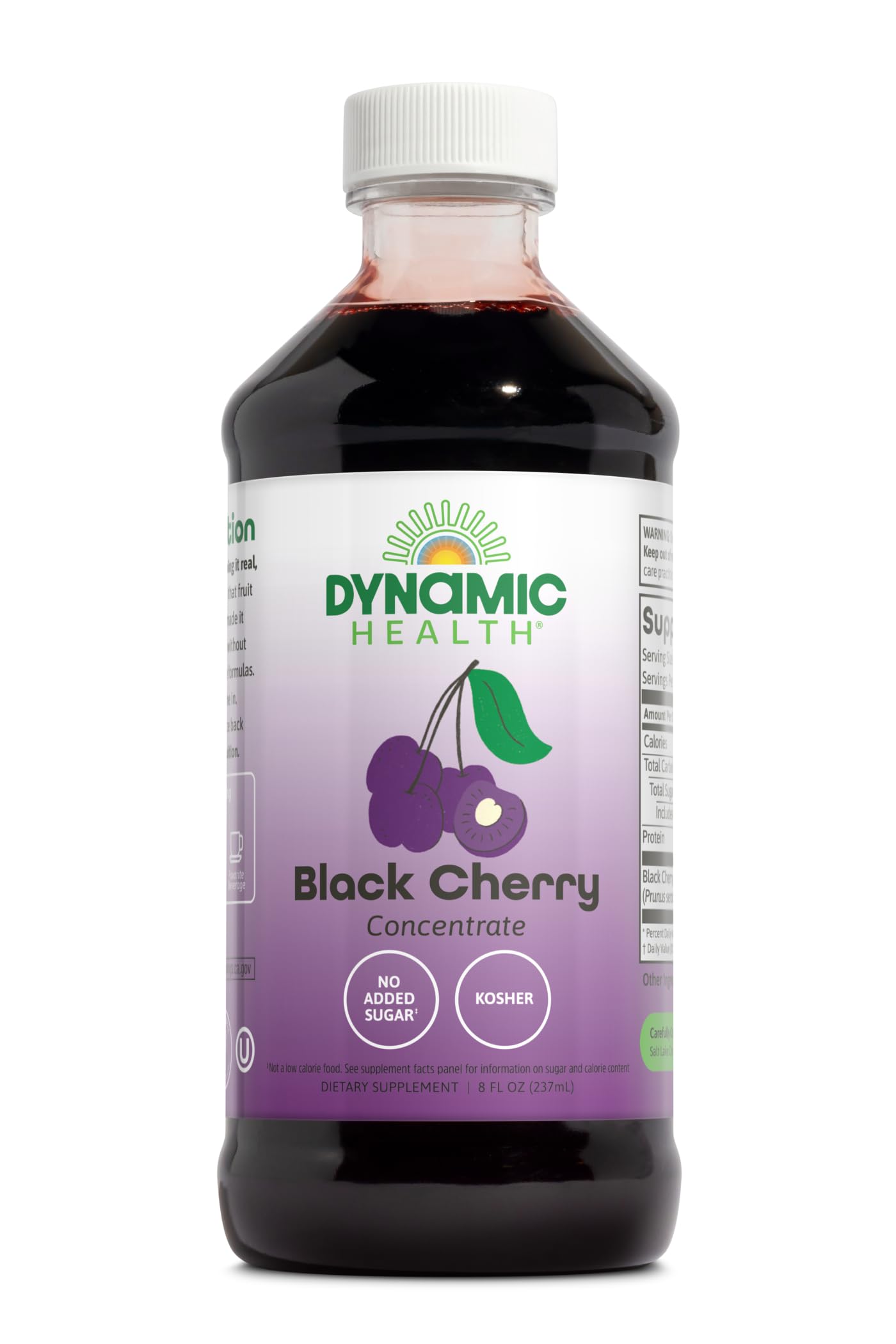 Dynamic Health concentré cerise noire pur en bouteille, parfait pour mélanges de fruits.
