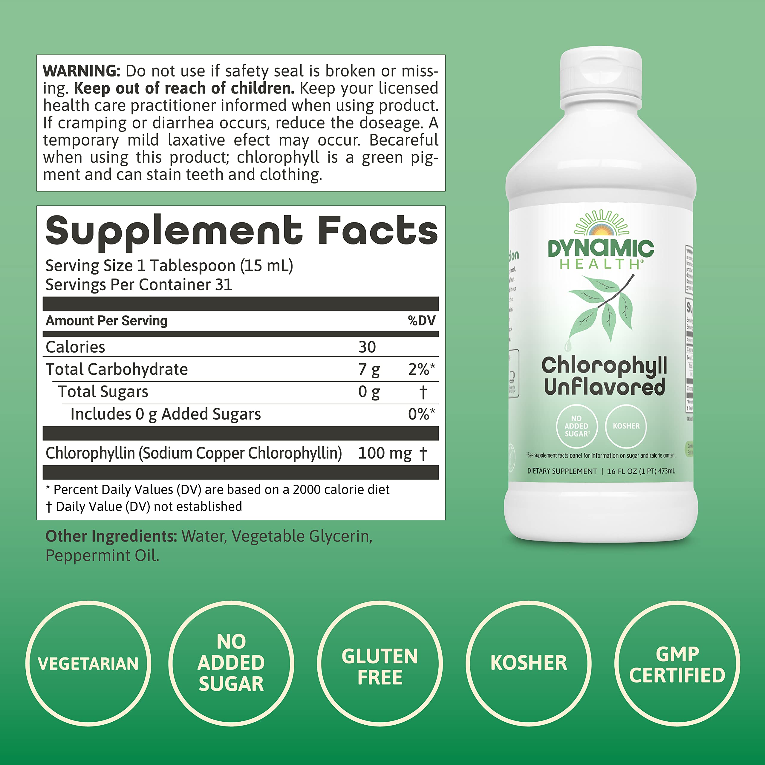 Dynamic Health Chlorophylle liquide – feuilles d-alfalfa visibles dans l'emballage.