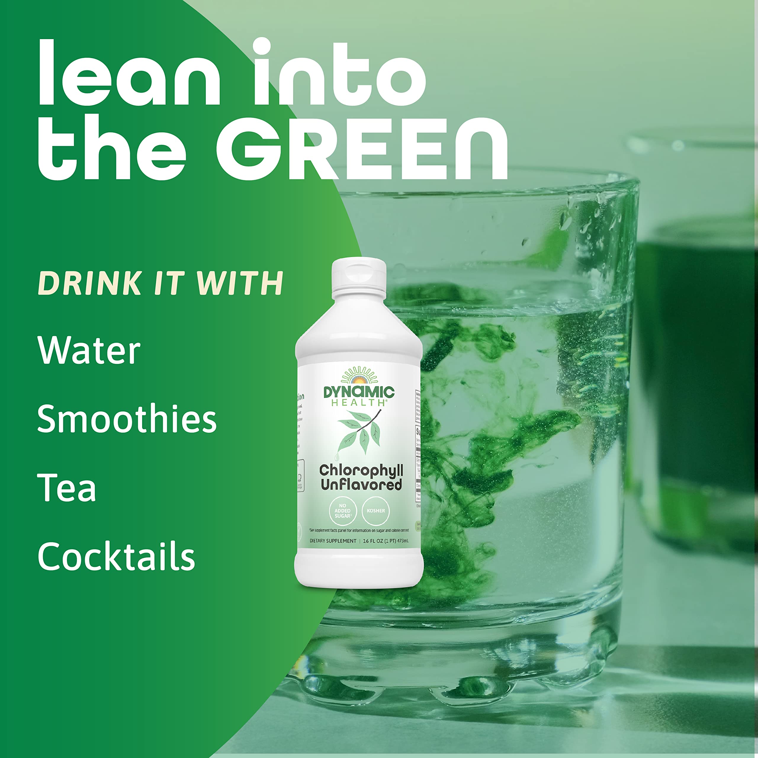 Dynamic Health Chlorophylle liquide – ingrédients végétaux sans sucre ajouté et pureté.