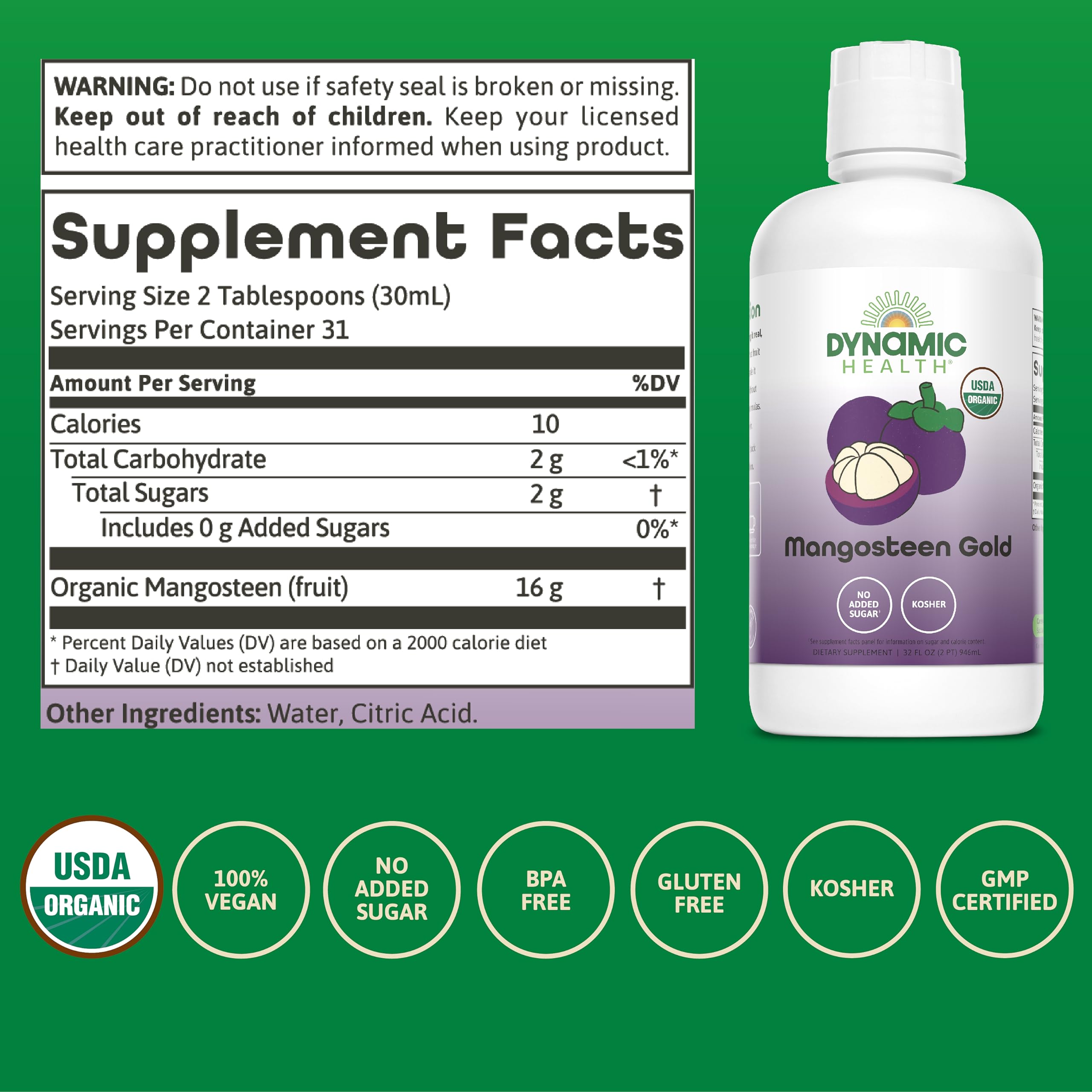 Dynamic Health Mangosteen Gold – étiquette claire sur emballage recyclable et sûr.