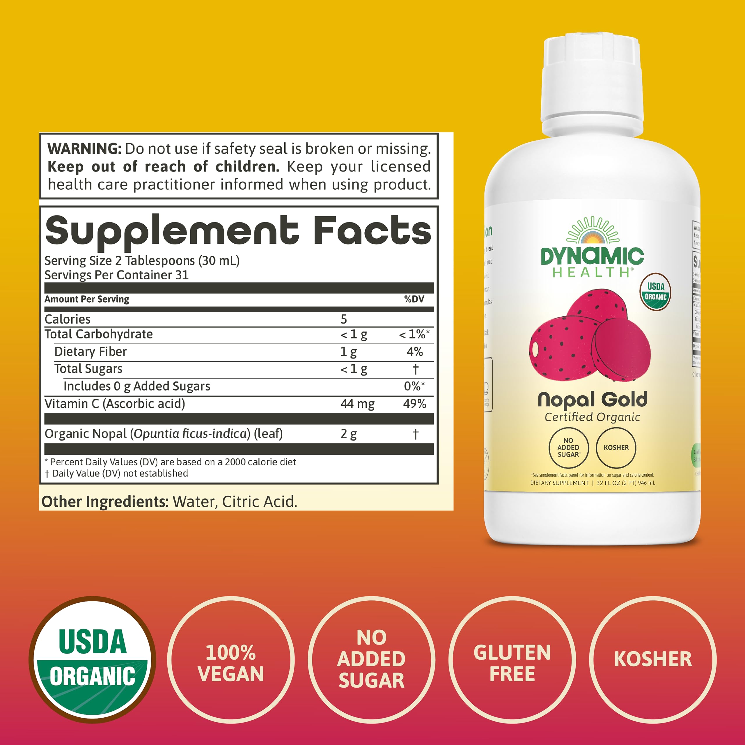 Dynamic Health Nopal Gold — étiquette mettant en lumière vitamine C et minéraux.