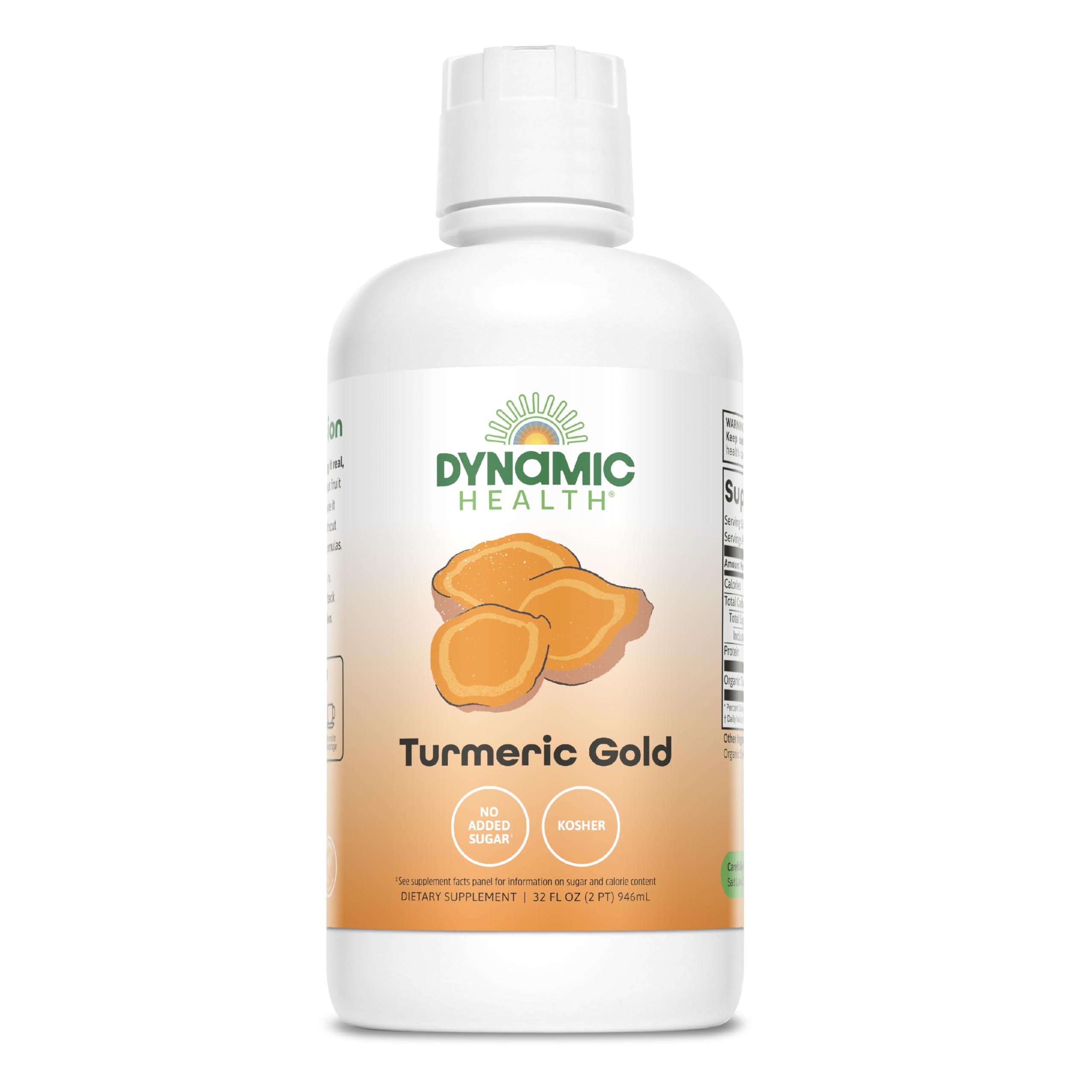 Dynamic Health Turmeric Gold – bouteille dorée, jus riche en antioxydants pour le quotidien.