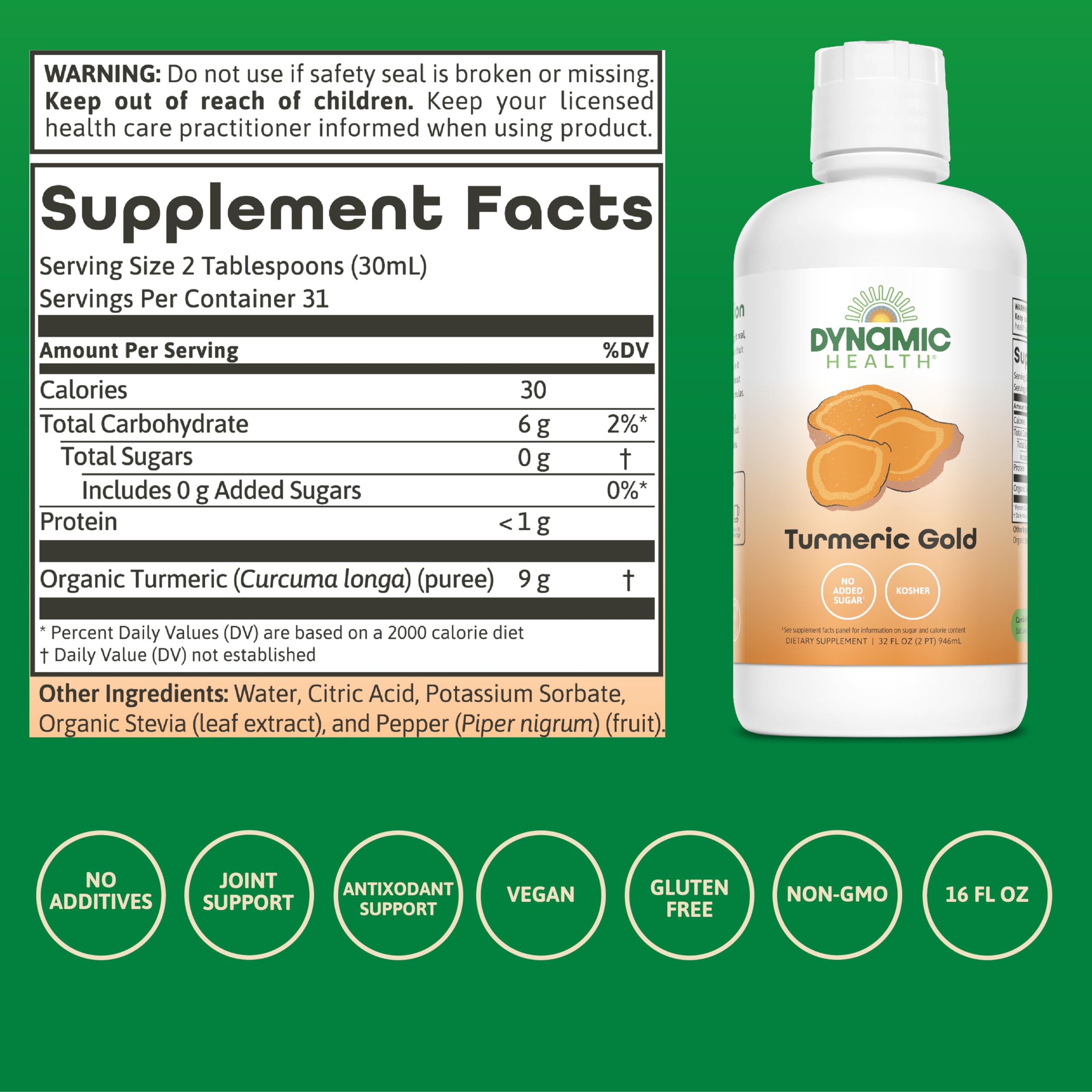 Dynamic Health Turmeric Gold – etiquette claire sur ingrédients bio et absence d'additifs.