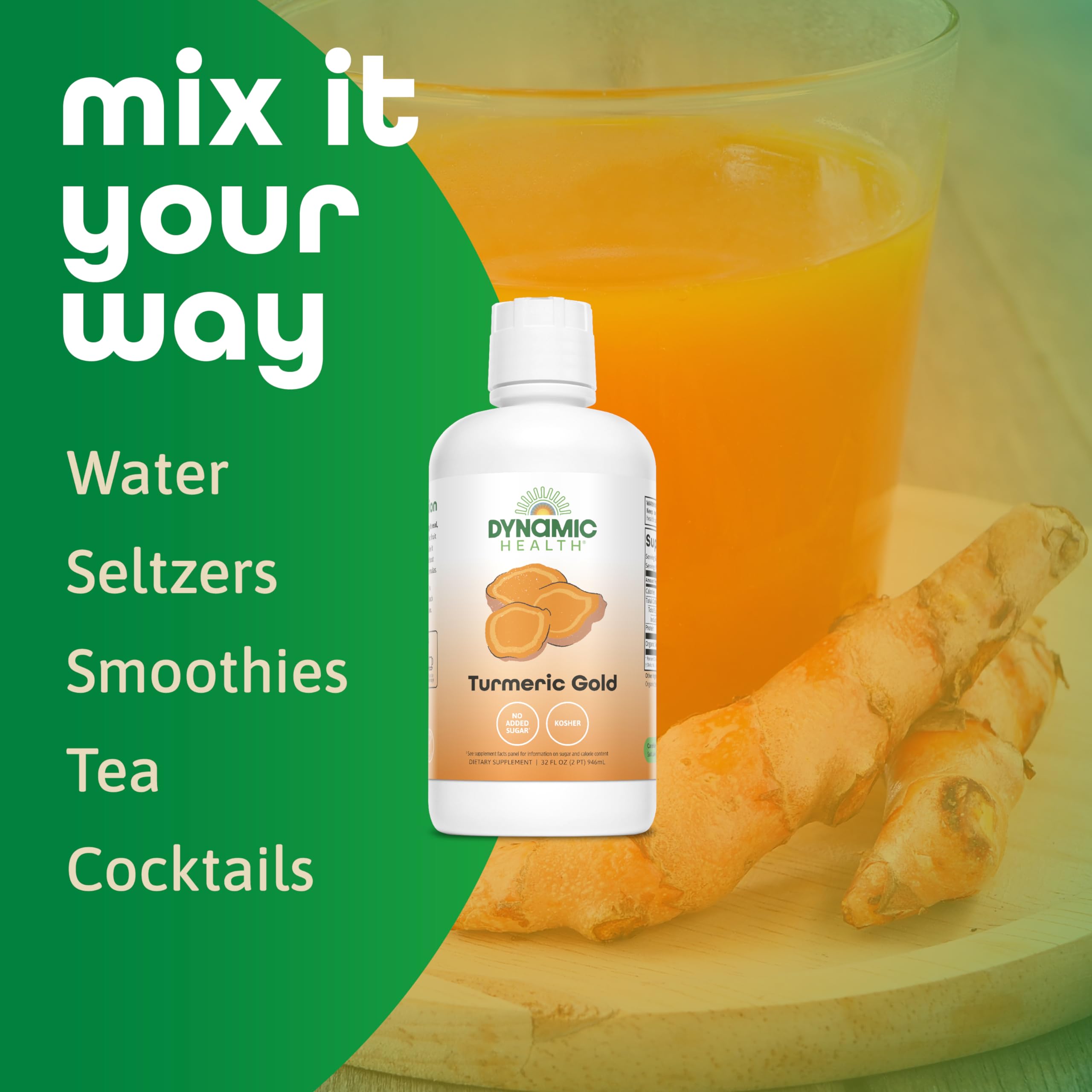 Dynamic Health Turmeric Gold – ingrédients bio, sans additifs et sans sucre ajouté.
