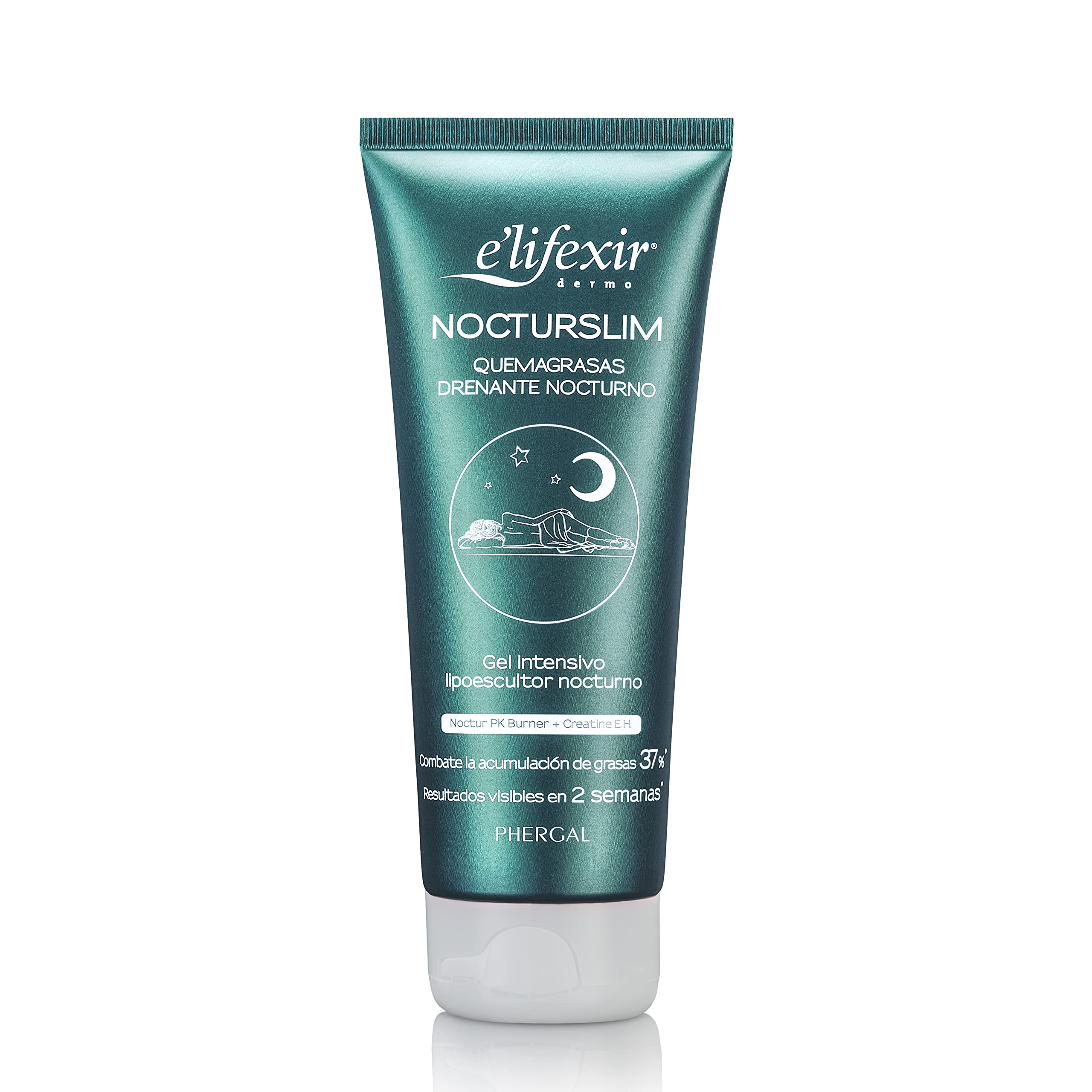 Gel E'LIFEXIR Nocturslim sur flacon, soutien nocturne pour la circulation et un contour plus net.