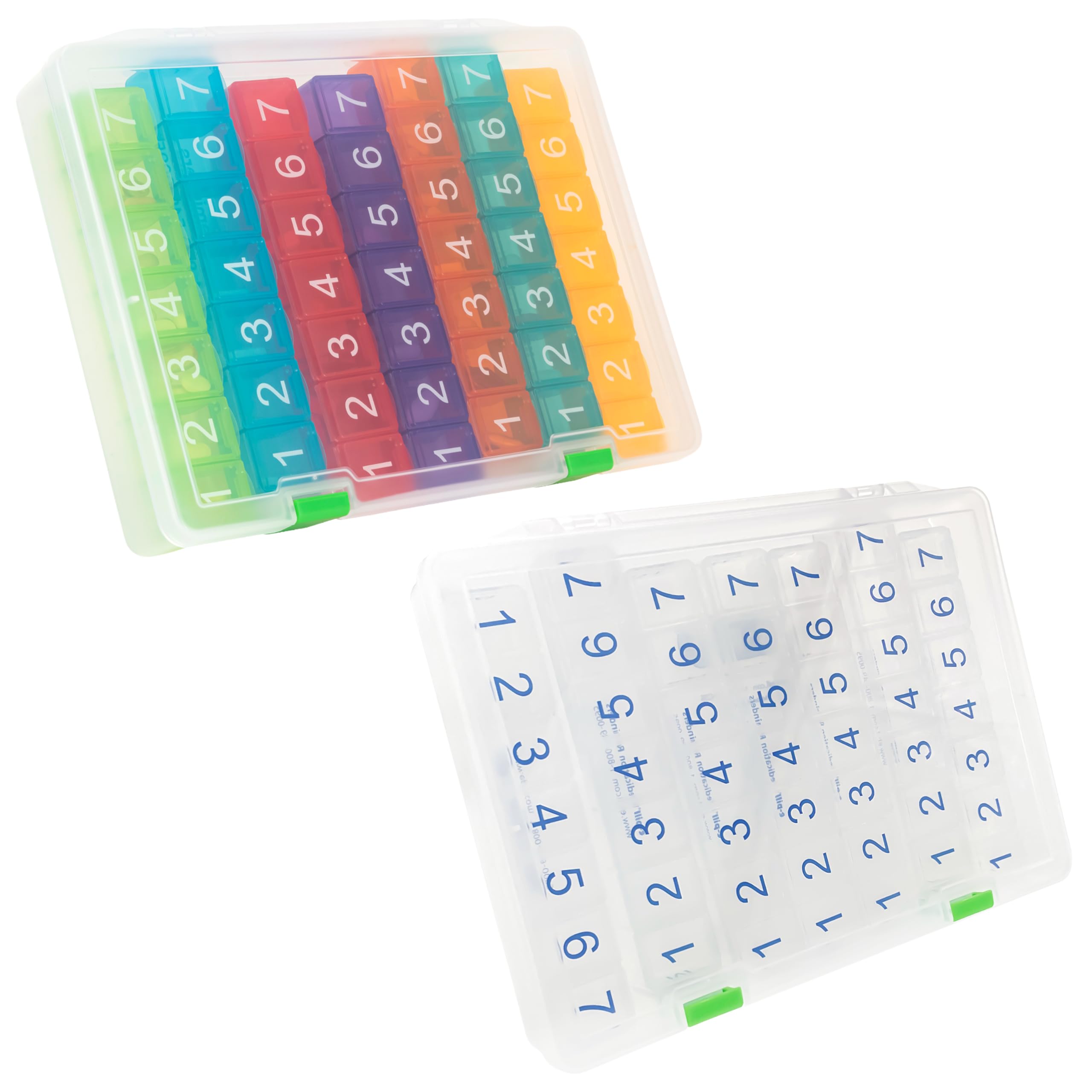 e-Pill ensemble semaine 7x7 arc-en-ciel et clair, rangement pratique pour vos doses quotidiennes.