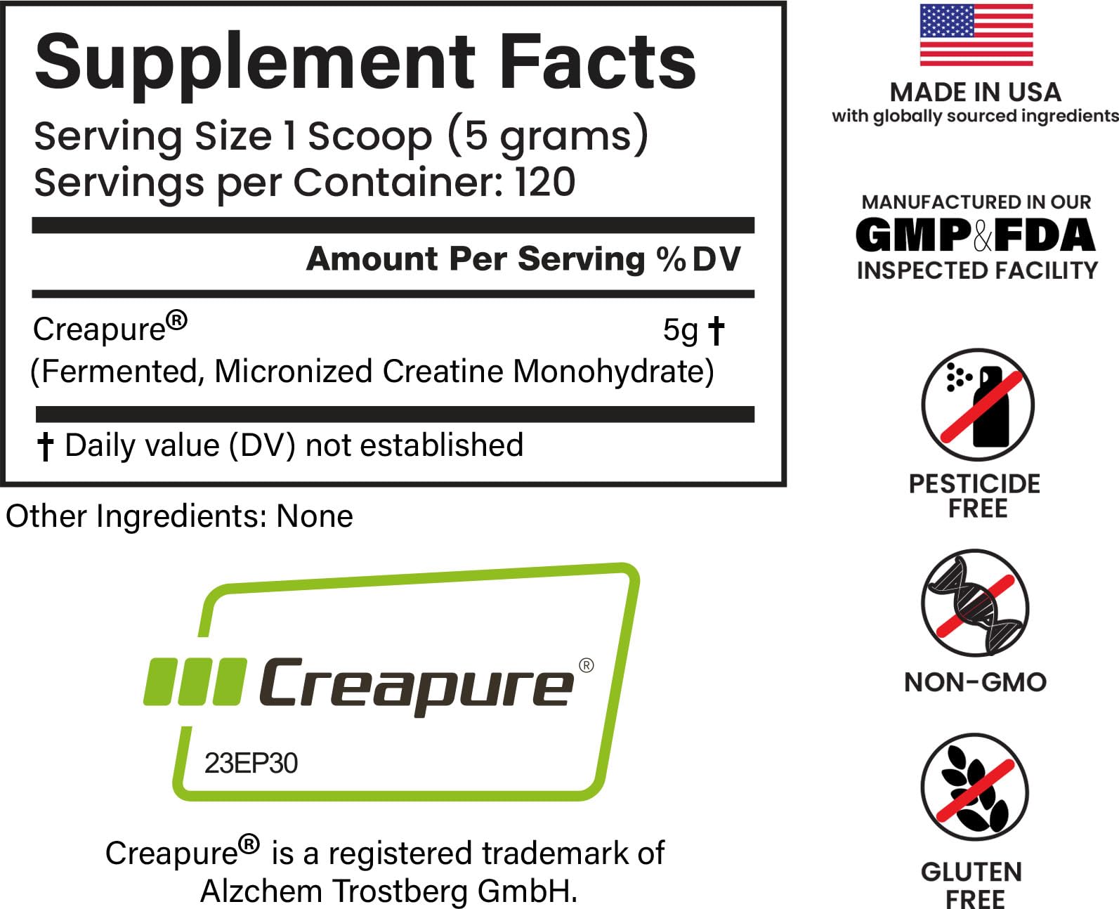 E1P Creapure Créatine Monohydrate, poudre dans verre, dissolution rapide et neutre.