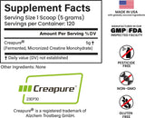 E1P Creapure Créatine Monohydrate, poudre dans verre, dissolution rapide et neutre.