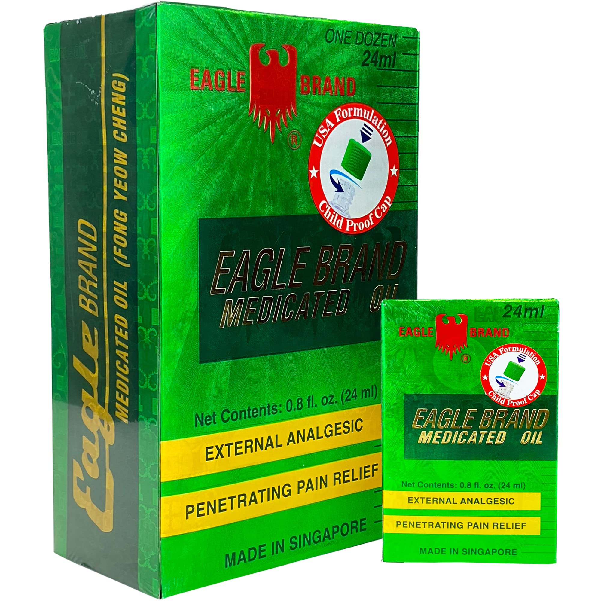 Huile médicamenteuse Eagle Brand – bouteille, utilisation pratique pour les douleurs musculaires.