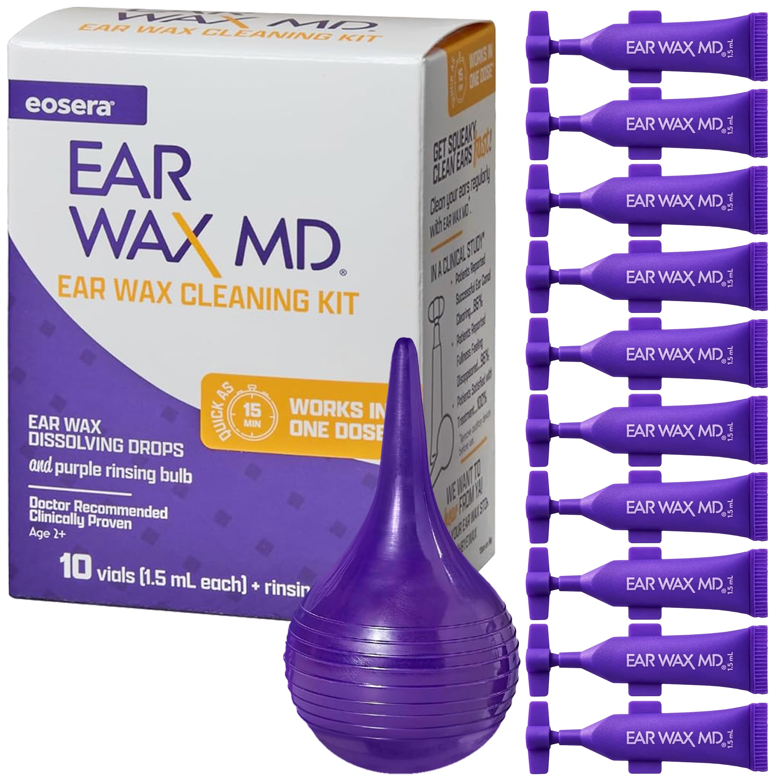 EOSERA Ear Wax MD kit avec gouttes et rinçage pour un nettoyage auditif pratique à domicile.