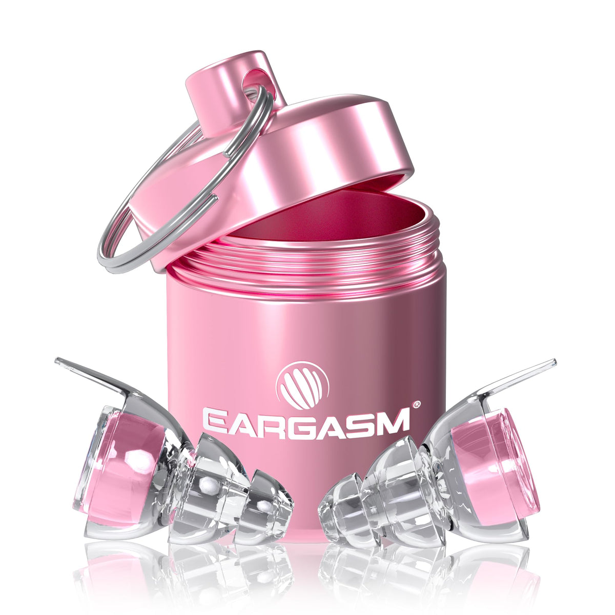 Bouchons Eargasm haute fidélité rose pour un son clair à volume réduit.