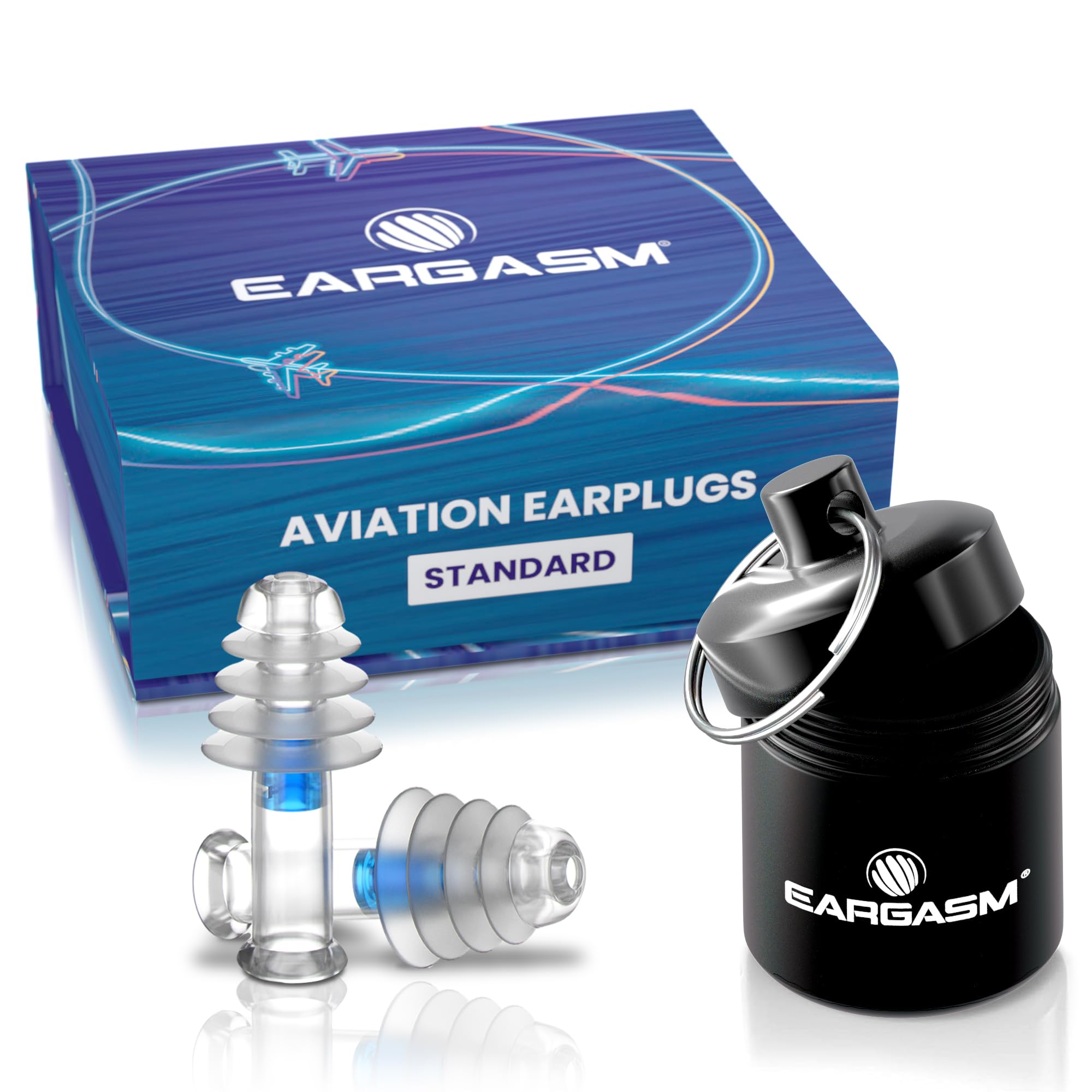 Bouchons Eargasm Aviation qui réduisent rapidement la douleur liée à la pression en vol.