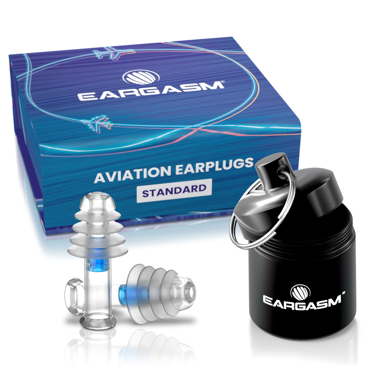 Bouchons Eargasm Aviation qui réduisent rapidement la douleur liée à la pression en vol.