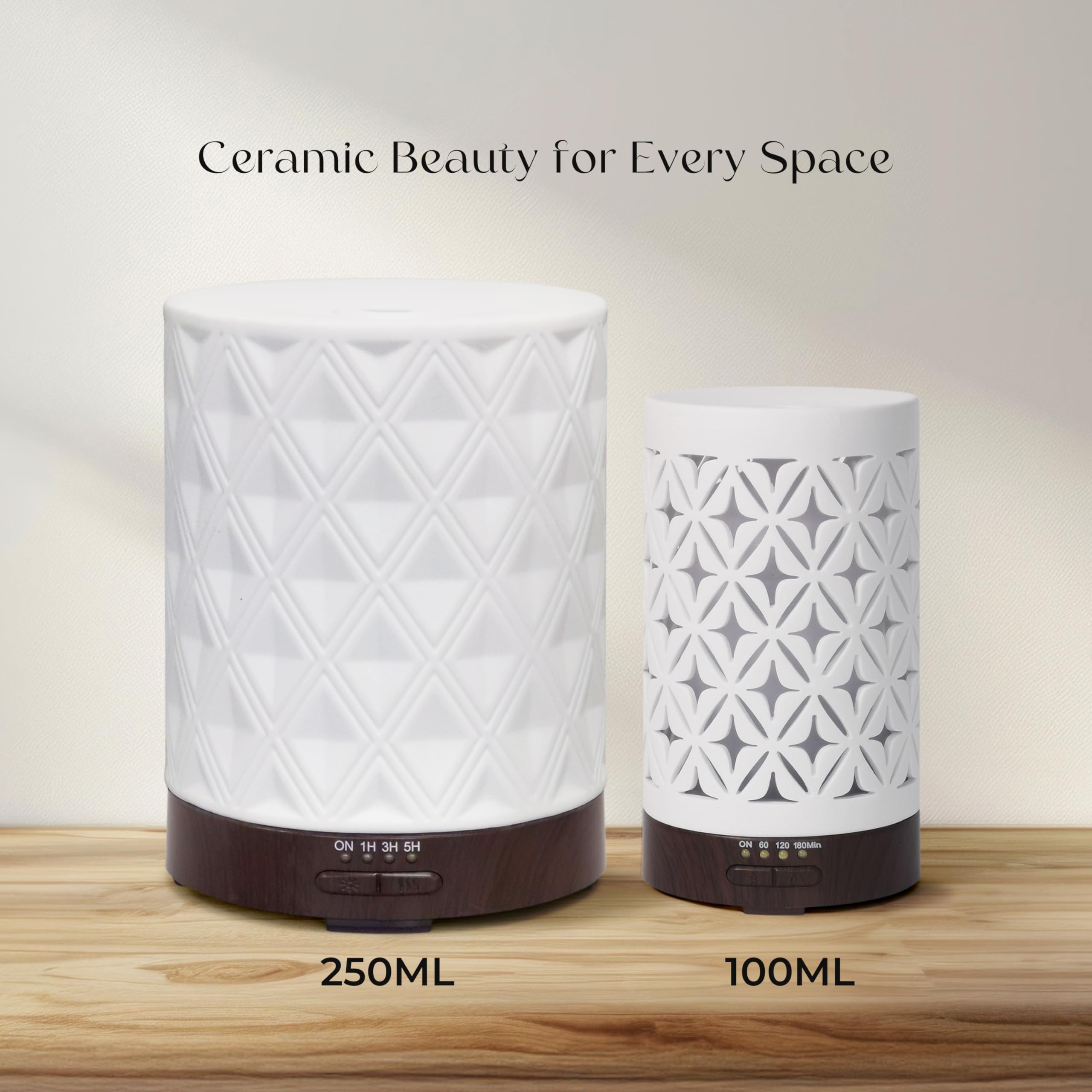 Premier plan du diffuseur Earnest Living avec céramique blanche et éclairage d’ambiance.
