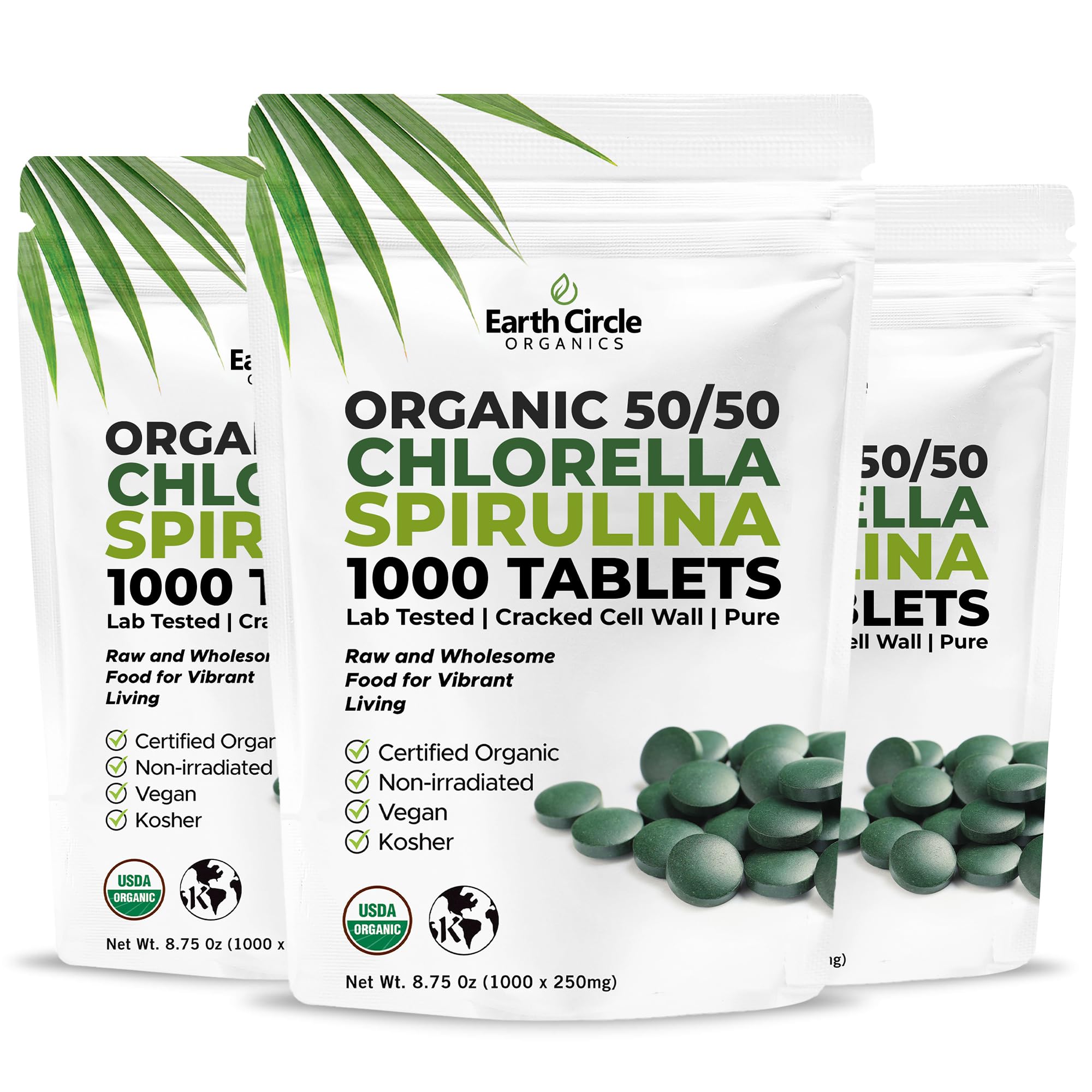 Earth Circle Organics – bouteille tablettes chlorella spiruline 50/50, pack3, pratique à emporter.
