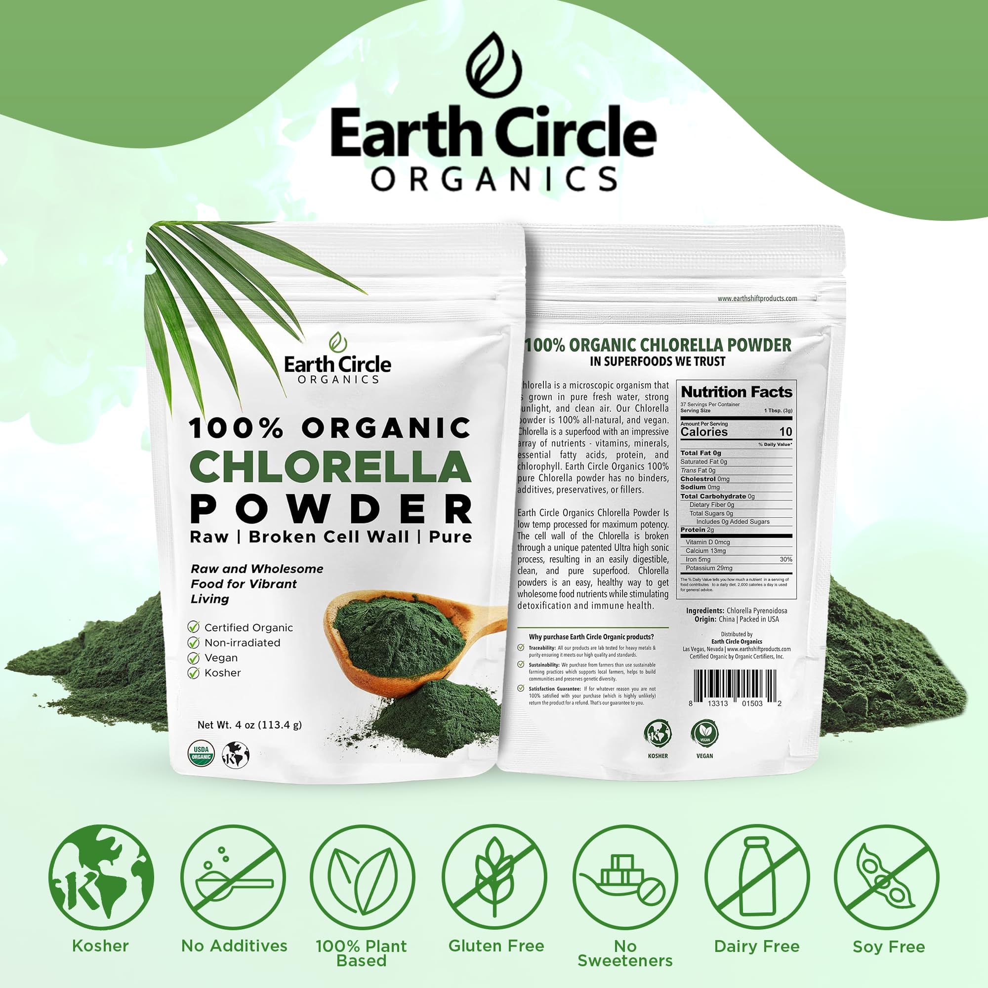 Earth Circle Organics chlorella emballage durable — sourcing responsable et respectueux de l’environnement.