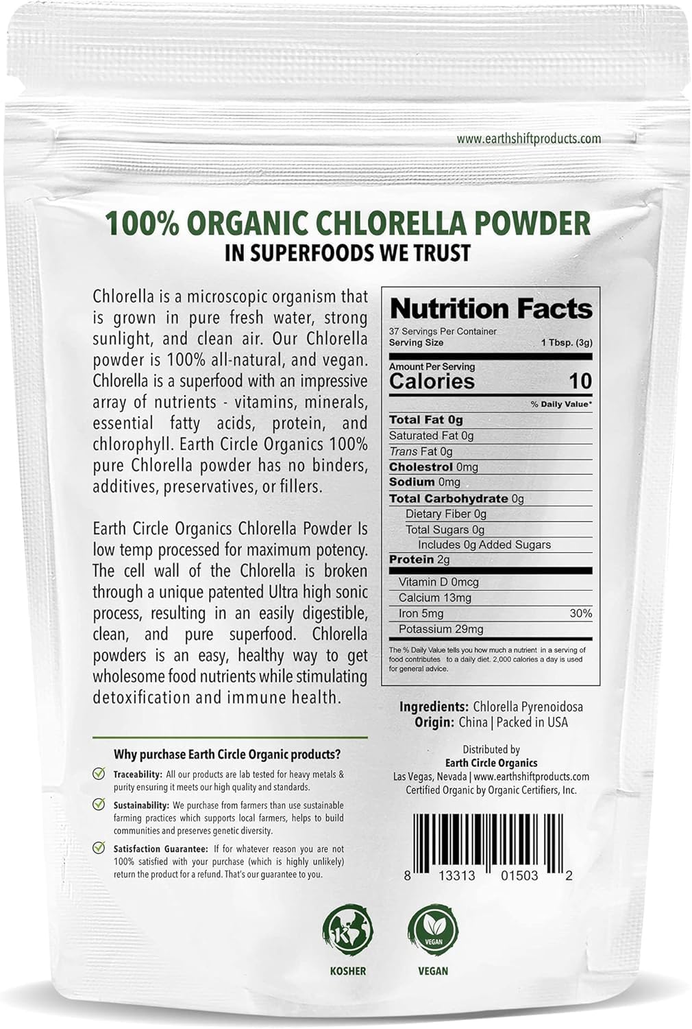 Earth Circle Organics chlorella paroi cellulaire brisée — meilleure absorption et digestion soutenue.