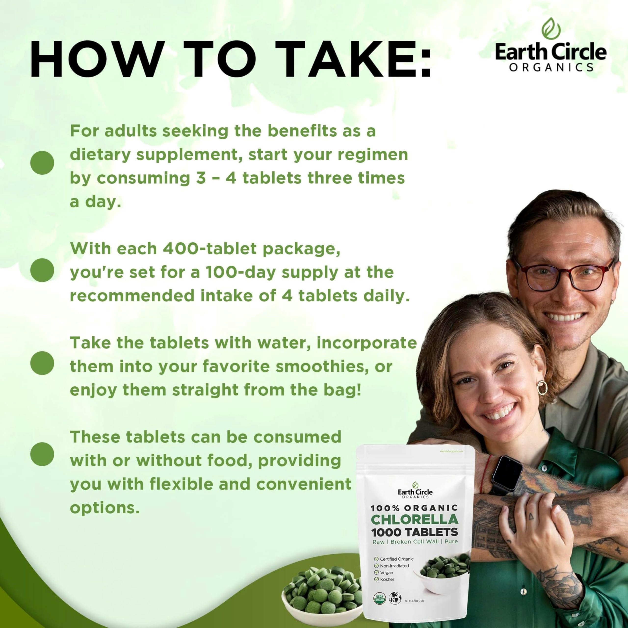 Earth Circle Organics chlorelle bio et sans OGM, certifiée qualité.