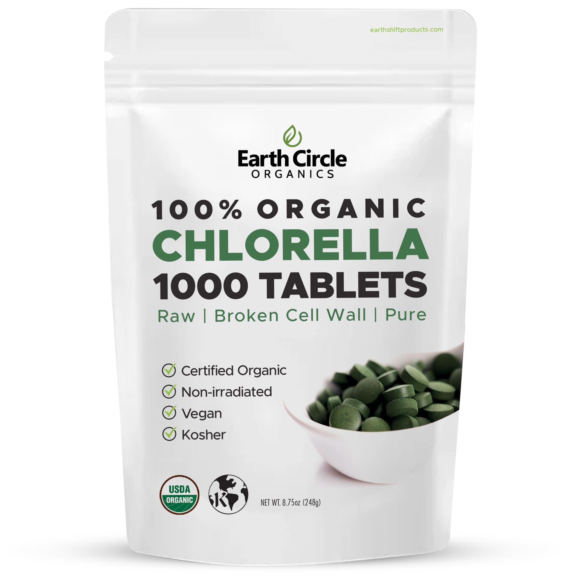 Earth Circle Organics chlorelle packshot, emballage clair et comprimé facile à prendre.
