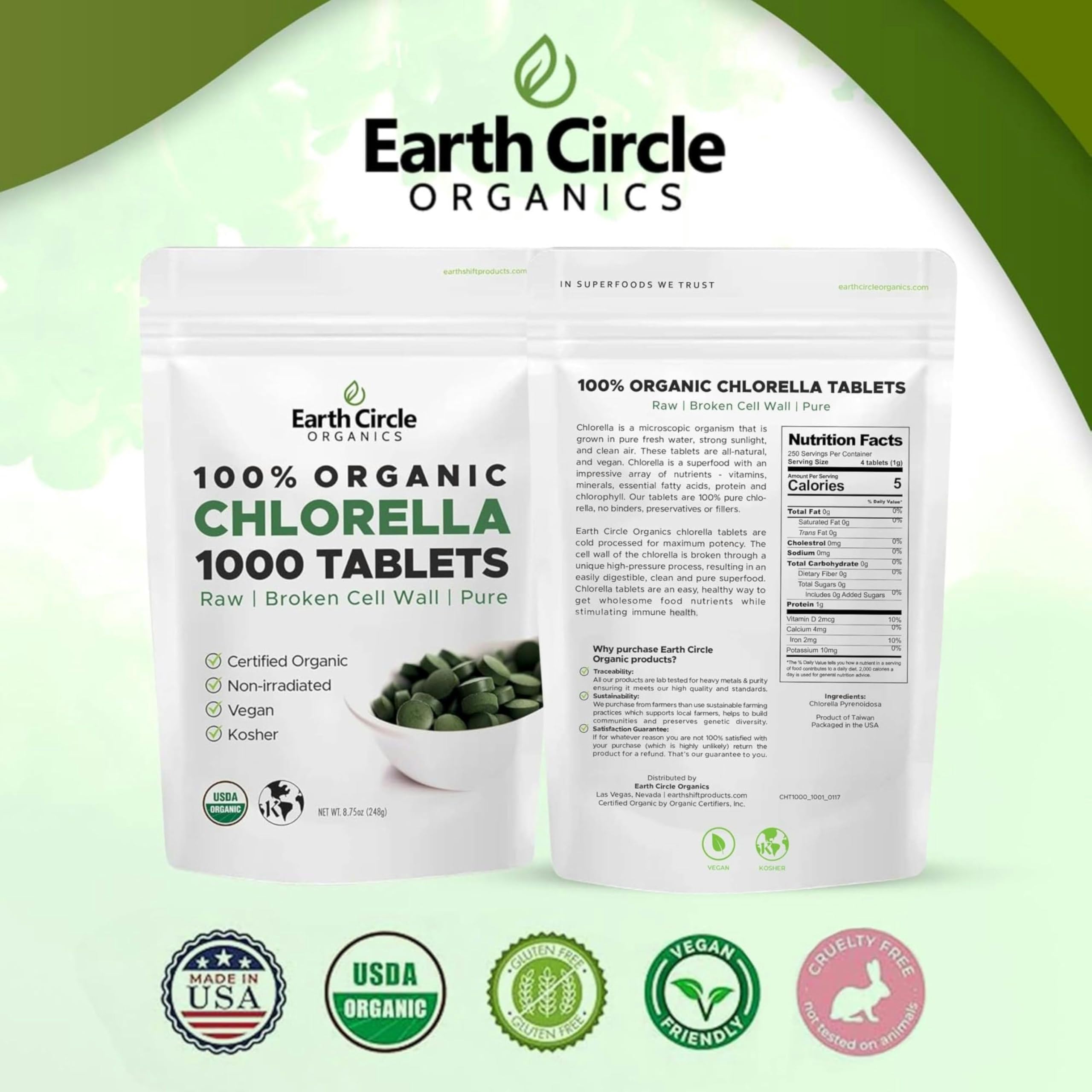 Tablette chlorelle Earth Circle Organics avec paroi cellulaire brisee pour absorption potentielle.