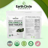 Tablette chlorelle Earth Circle Organics avec paroi cellulaire brisee pour absorption potentielle.