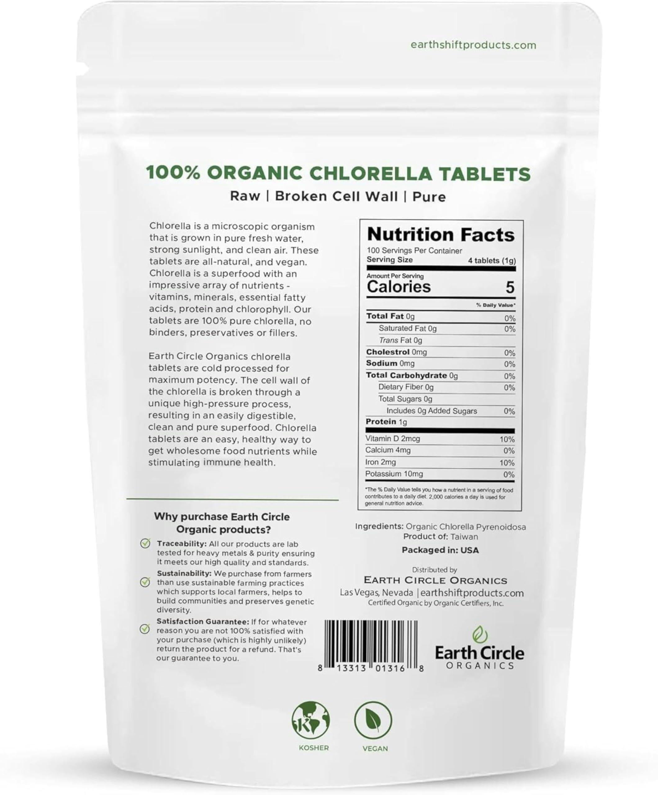 Pile de tablettes Earth Circle Organics chlorelle, solution nutritionnelle pratique.
