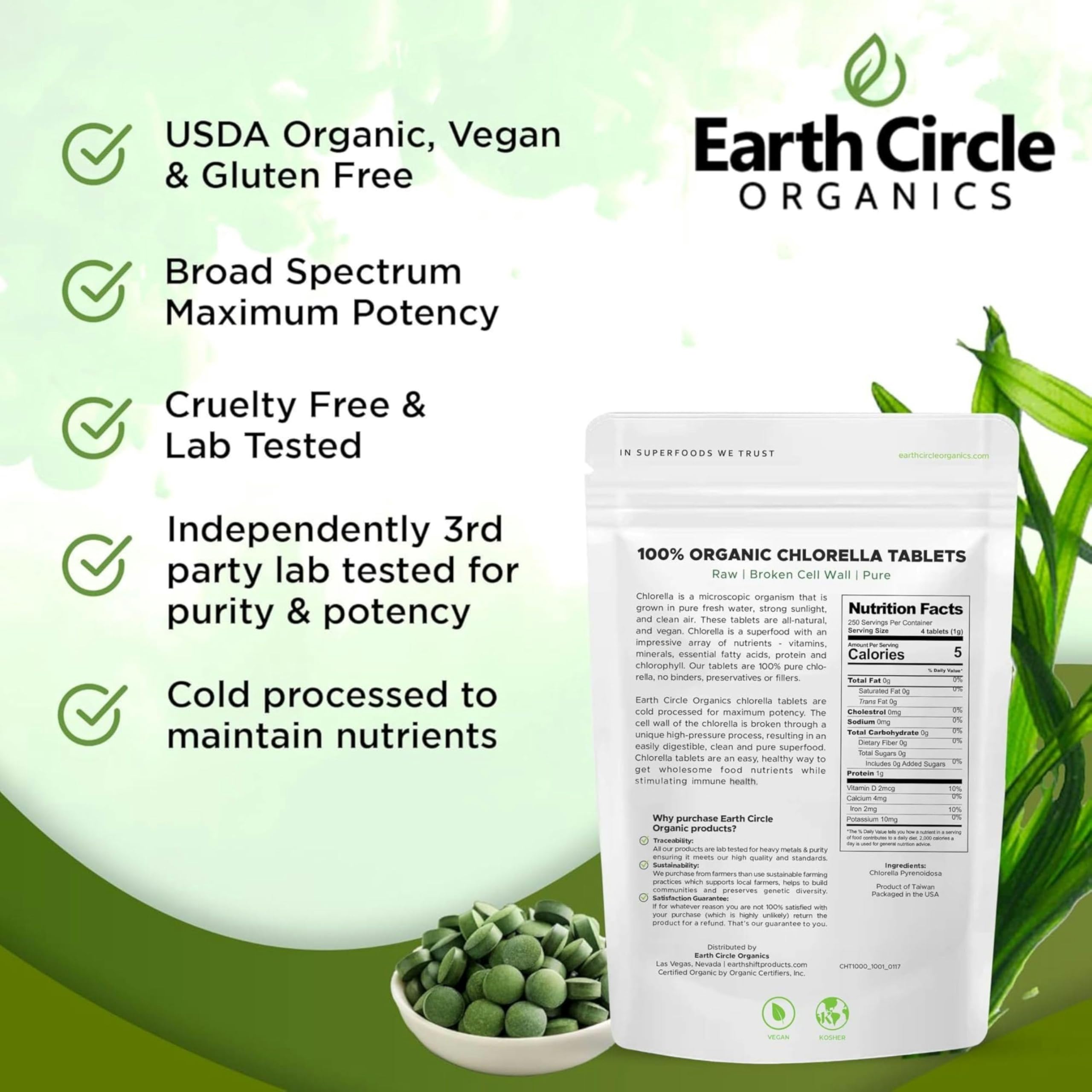 Tablettes végétaliennes Earth Circle Organics chlorelle adaptées à un régime végétalien.