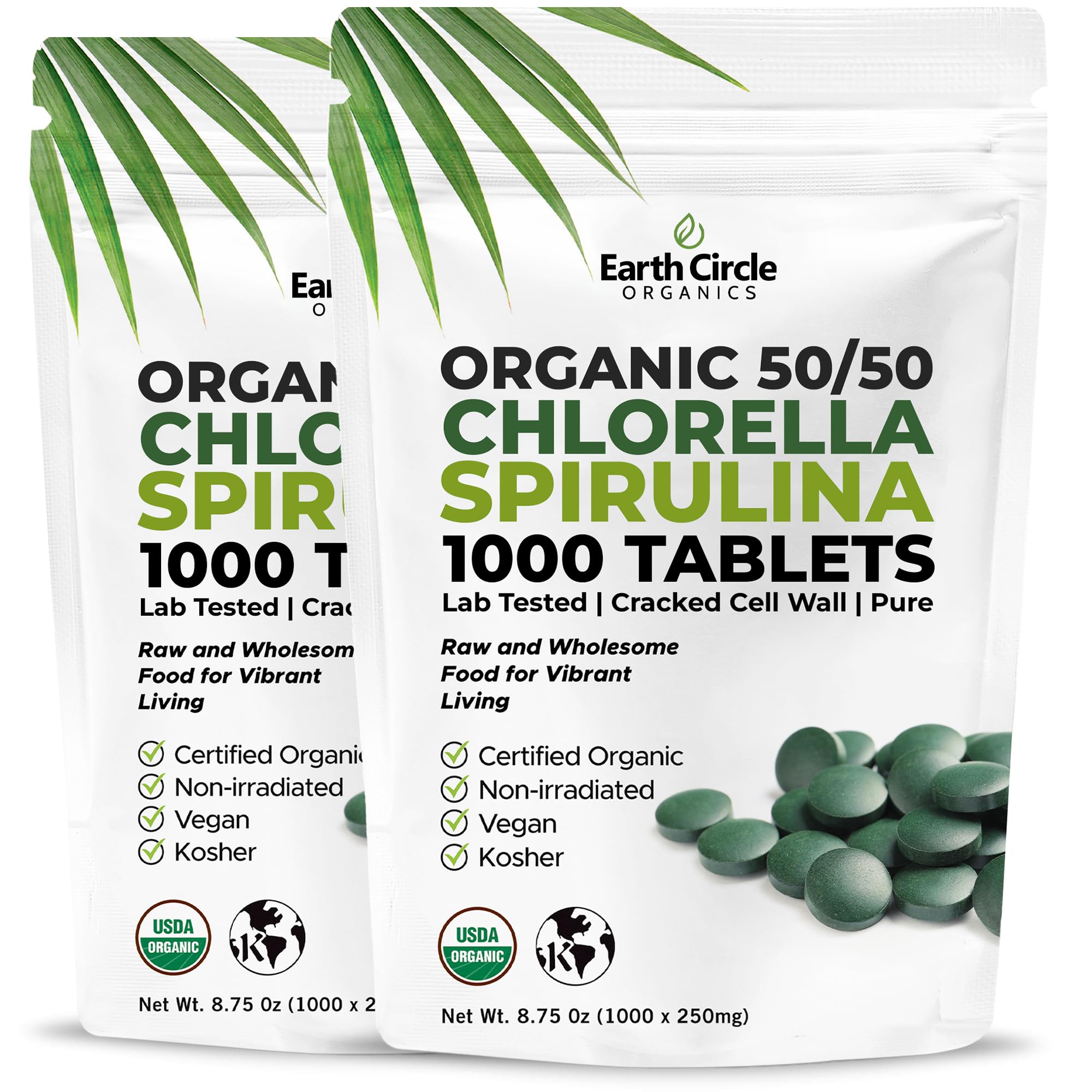 Earth Circle Organics tablettes chlorella-spiruline, source naturelle de protéines et fer.