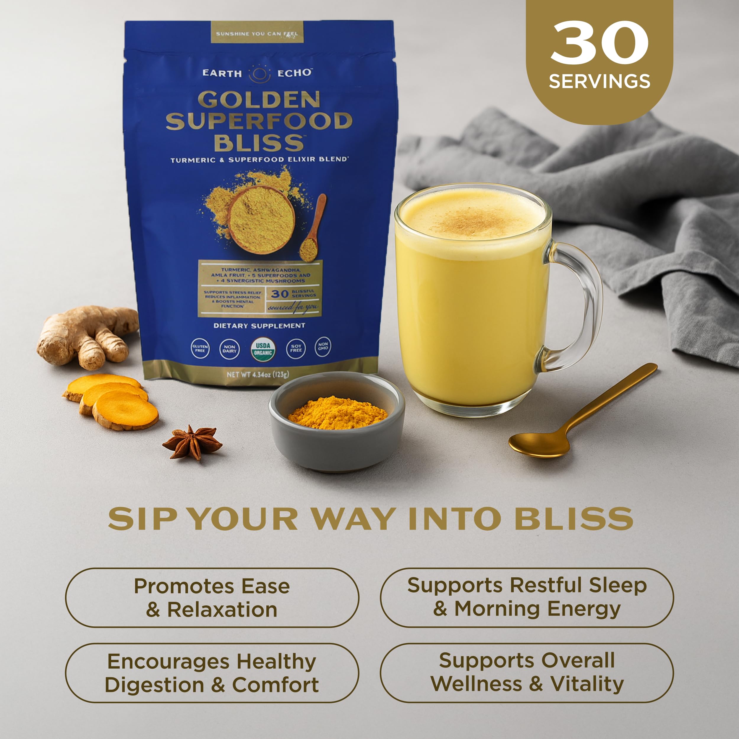 Earth Echo Golden Bliss: mélange curcuma-gingembre pour une boisson chaude réconfortante.