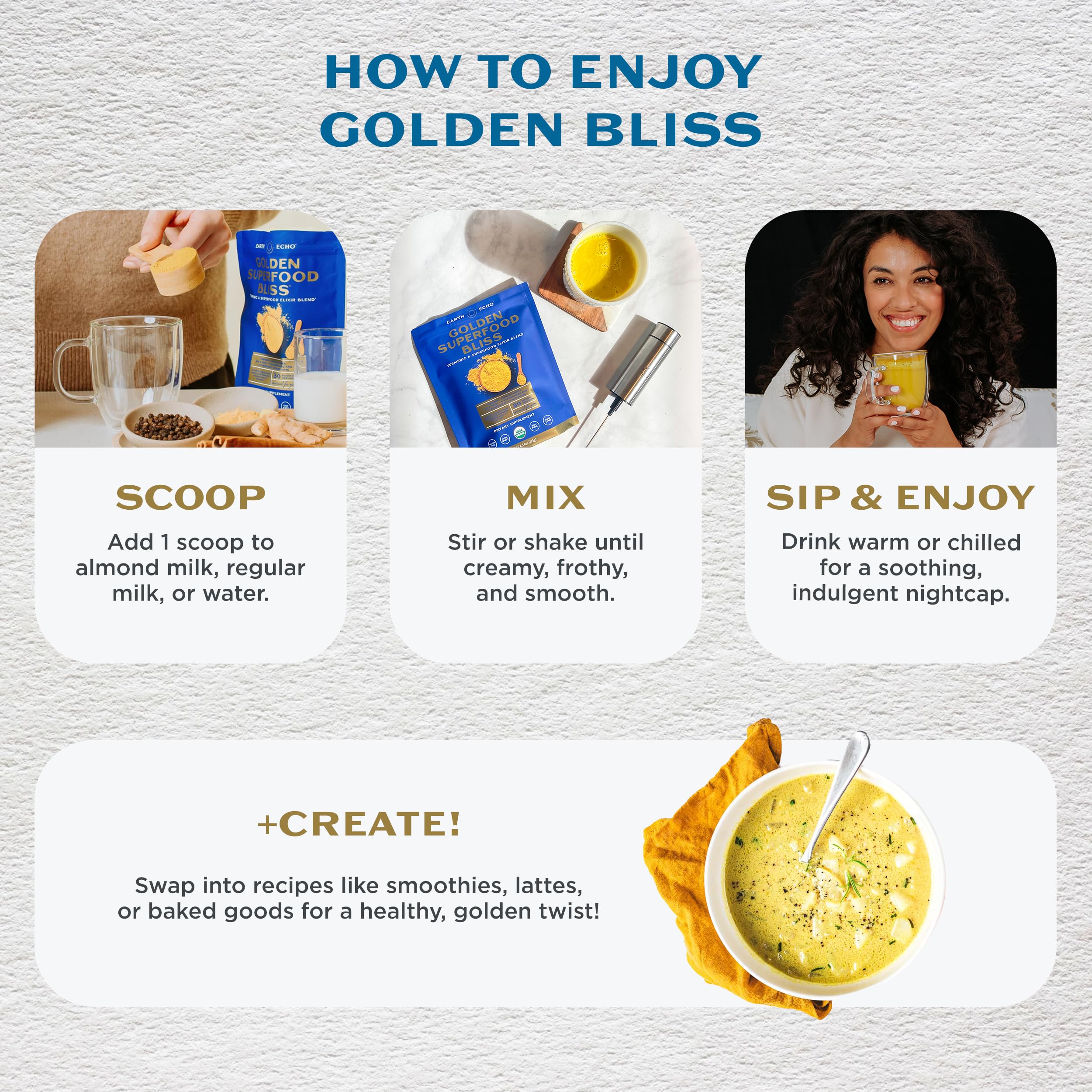 Earth Echo Golden Bliss: poudre polyvalente pour pâtisserie et smoothies.